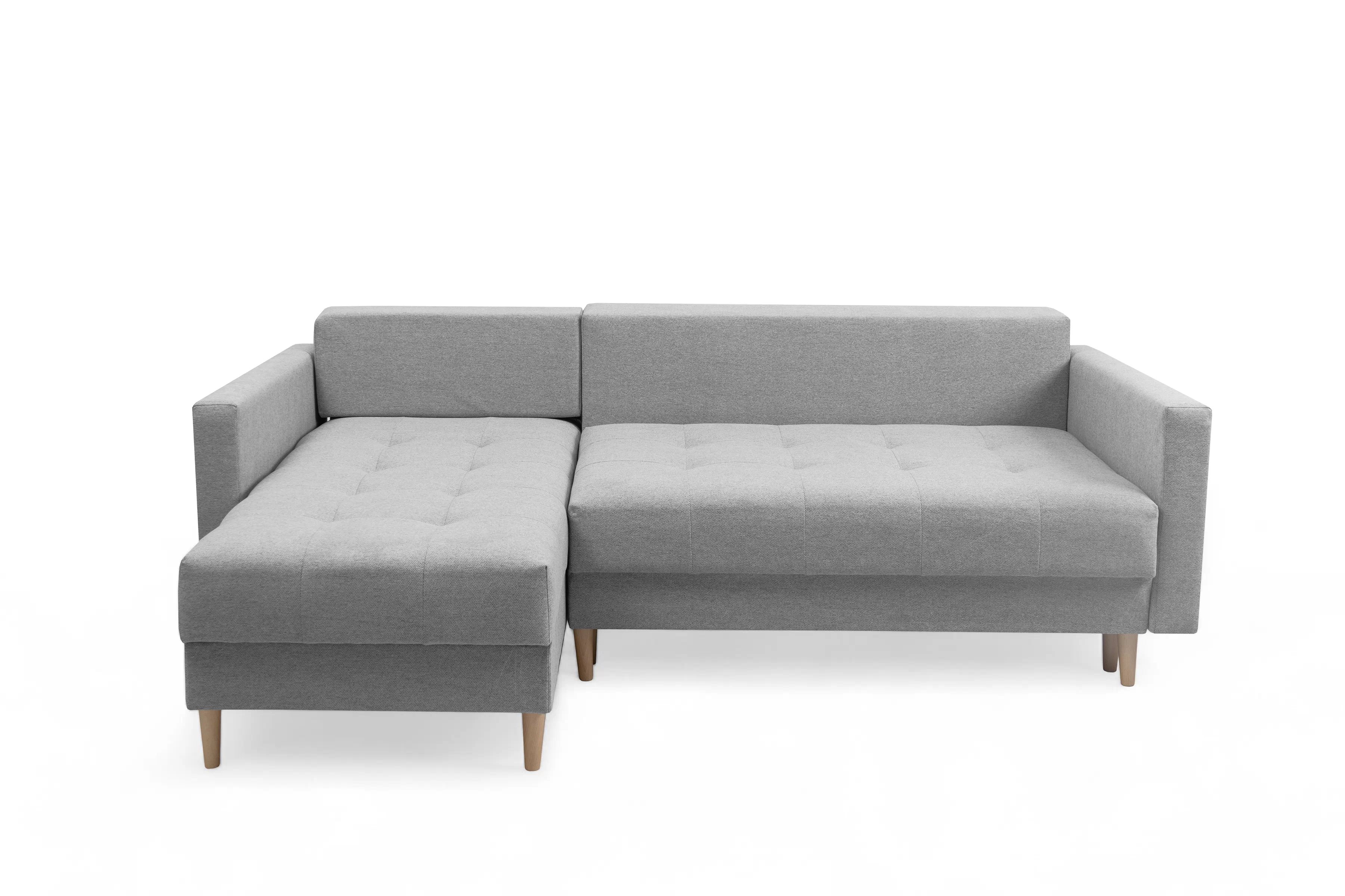 Rohová rozkladacia sedačka Romano L univerzálna – sivá pletená látka Gemma 86 / bukové nožičky Rohová sedacia súprava Romano L rozkladany uniwersalny prawo/Ľavá strana - šedá plecionka Gemma 86