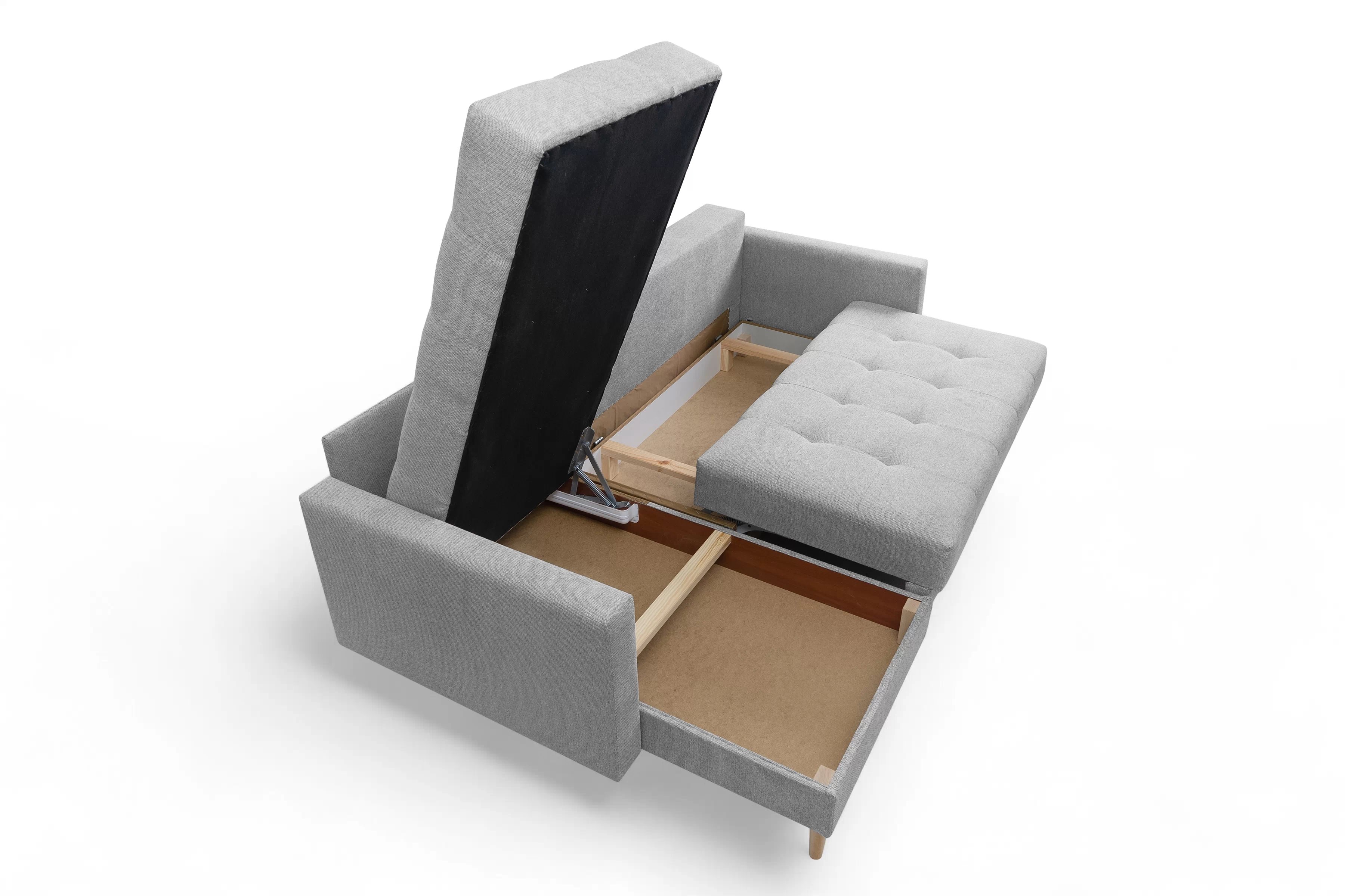 Rohová rozkladacia sedačka Romano L univerzálna – sivá pletená látka Gemma 86 / bukové nožičky Rohová sedacia súprava Romano L rozkladany uniwersalny prawo/Ľavá strana - šedá plecionka Gemma 86