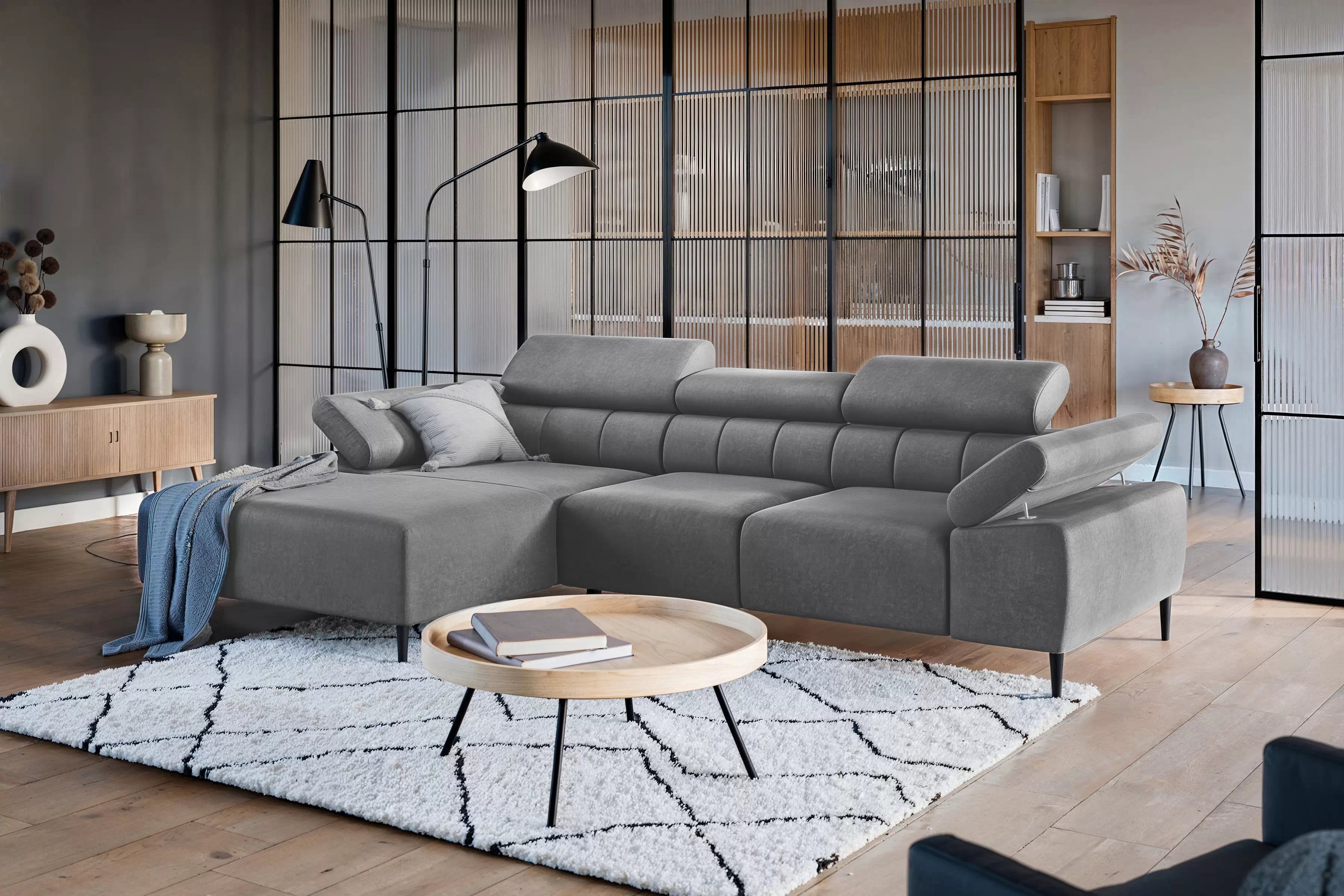 Rohová sedačka Taloria Mini s elektricky výsuvným sedákem levostranná - šedý samet Zetta 304 / černé nohy Rohová sedací souprava Taloria Mini z elektricky wysuwanym sedadlem levá - šedá welwet  Zetta 304 / Nohy černá 