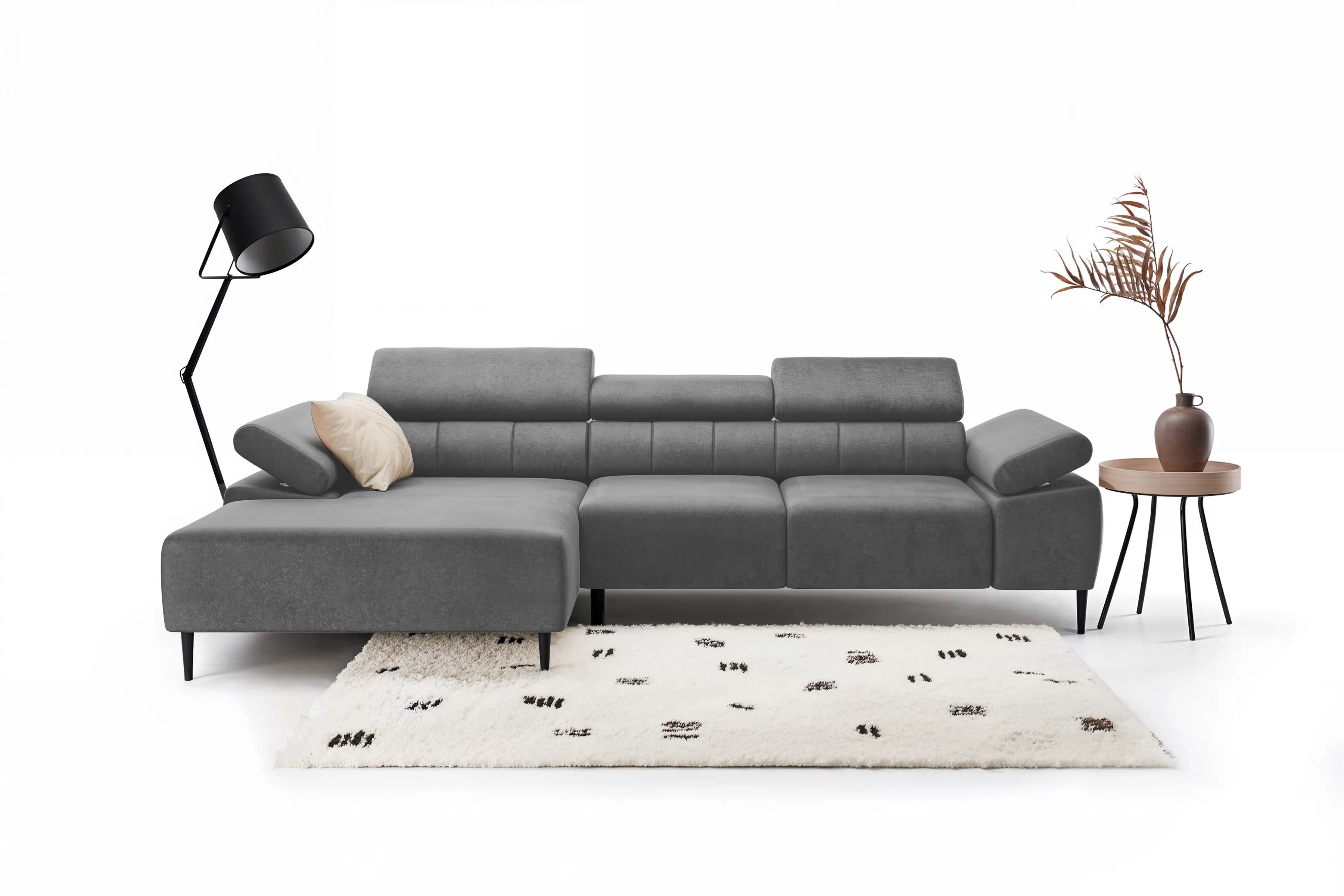 Rohová sedačka Taloria Mini s elektricky výsuvným sedákem levostranná - šedý samet Zetta 304 / černé nohy Rohová sedací souprava Taloria Mini z elektricky wysuwanym sedadlem levá - šedá welwet  Zetta 304 / Nohy černá 