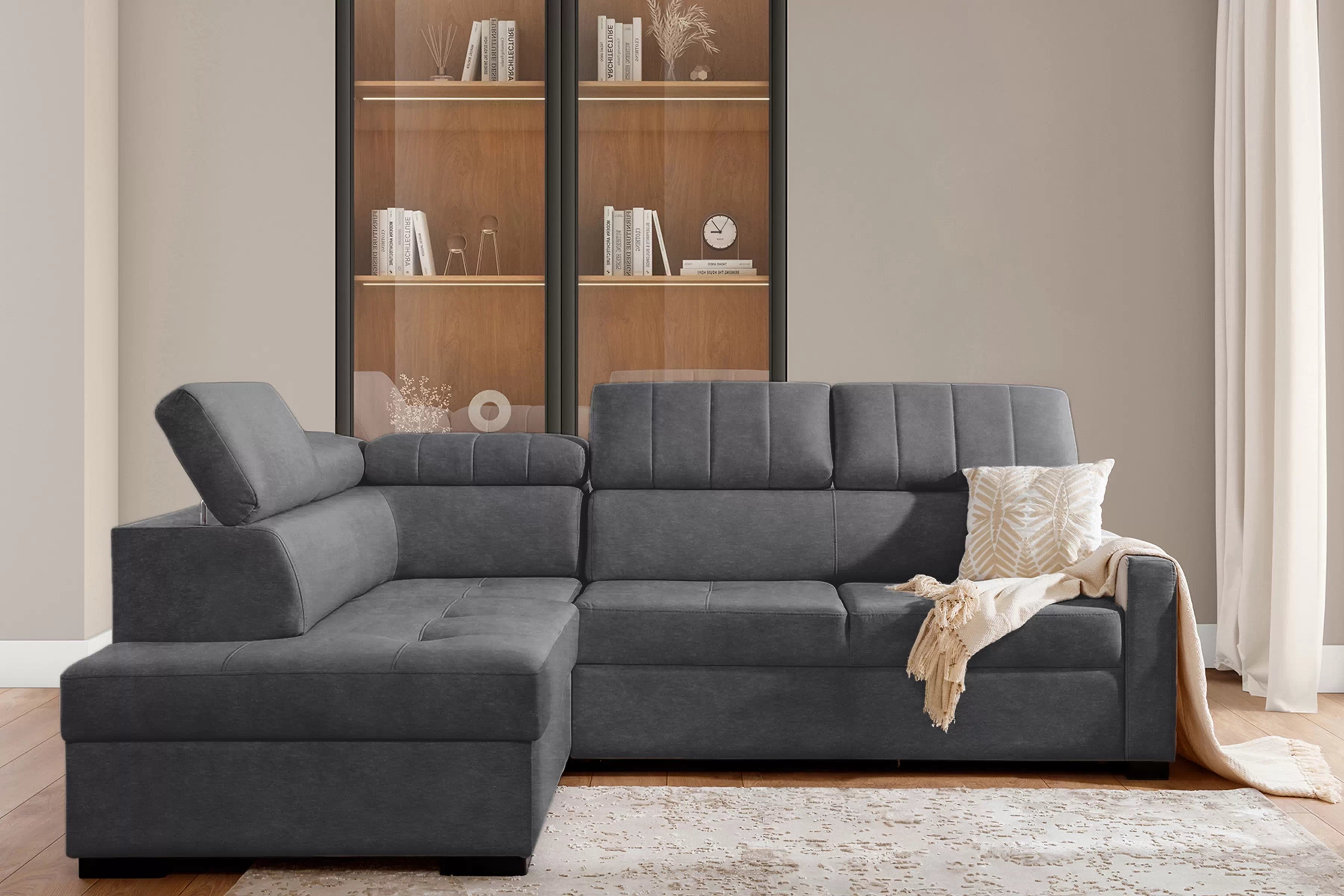 Rozkladacia rohová sedacia súprava Taremo L ľavá – sivý ľahkočistiaci zamat Zetta 304 Rohová sedacia súprava Taremo L s funkciou spánku Ľavá strana - šedý velúr ľahkočistiaci Zetta 304