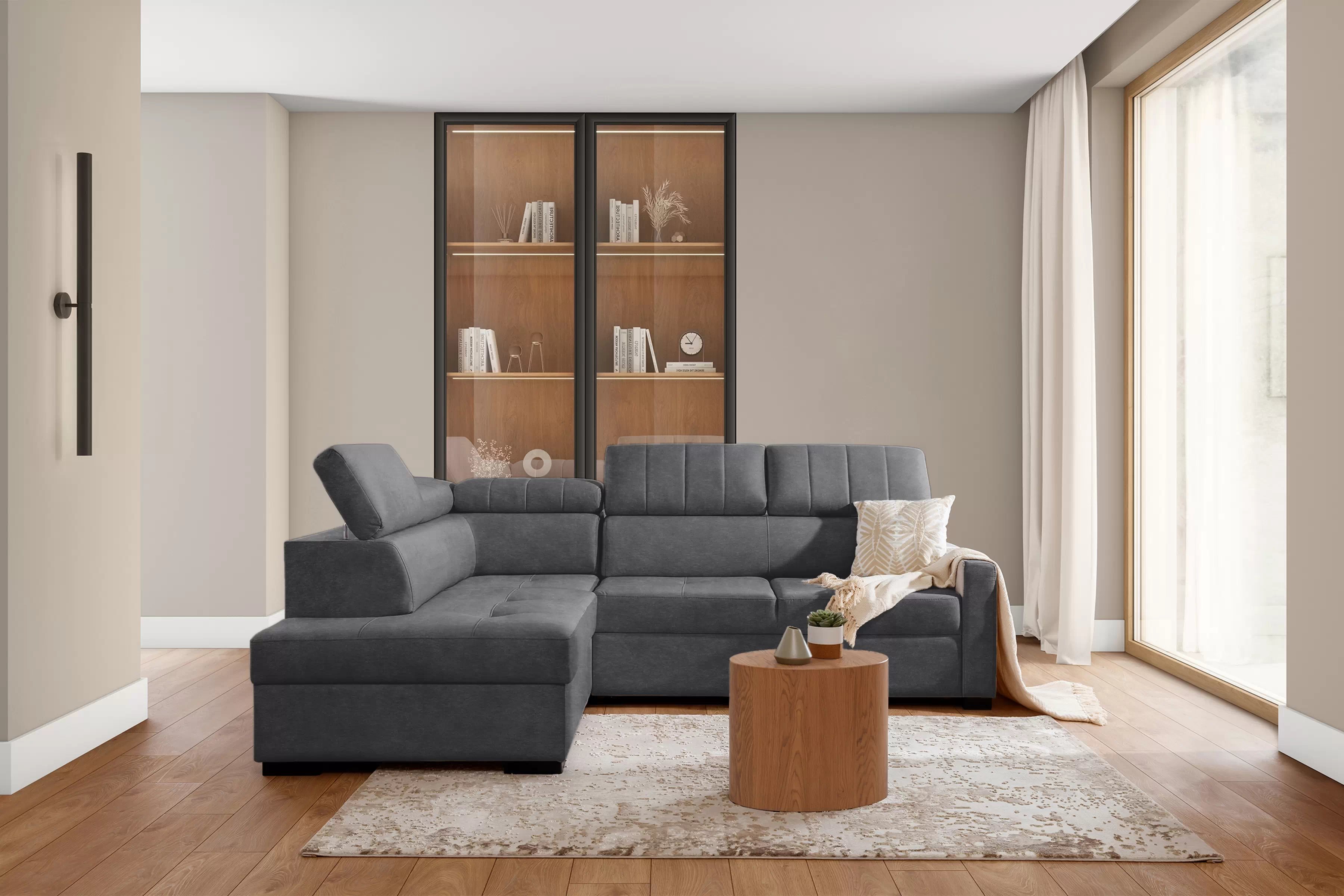 Rozkladacia rohová sedacia súprava Taremo L ľavá – sivý ľahkočistiaci zamat Zetta 304 Rohová sedacia súprava Taremo L s funkciou spánku Ľavá strana - šedý velúr ľahkočistiaci Zetta 304