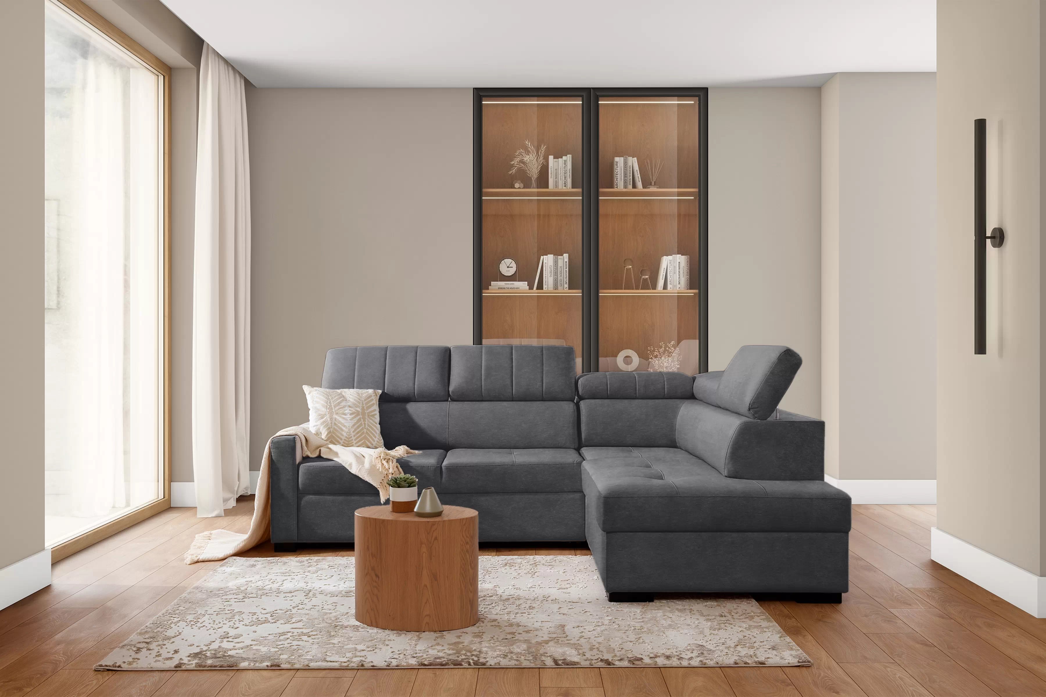 Rozkládací rohová sedací souprava Taremo L pravá – šedá Zetta 304 Rohová sedací souprava Taremo L rozkládací pravá - šedá samet latwoczyszczacy Zetta 304 