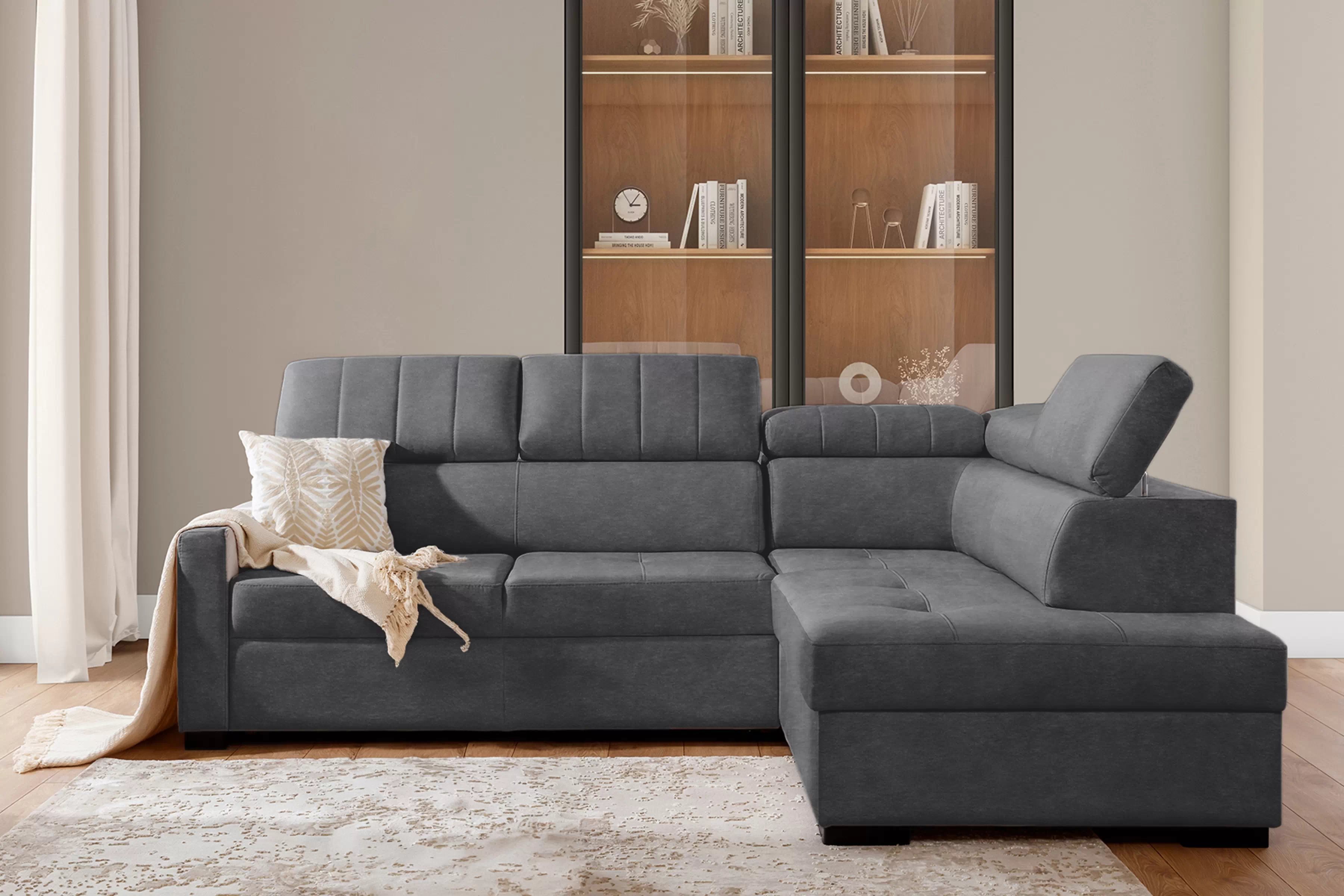 Rozkládací rohová sedací souprava Taremo L pravá – šedá Zetta 304 Rohová sedací souprava Taremo L rozkládací pravá - šedá samet latwoczyszczacy Zetta 304 