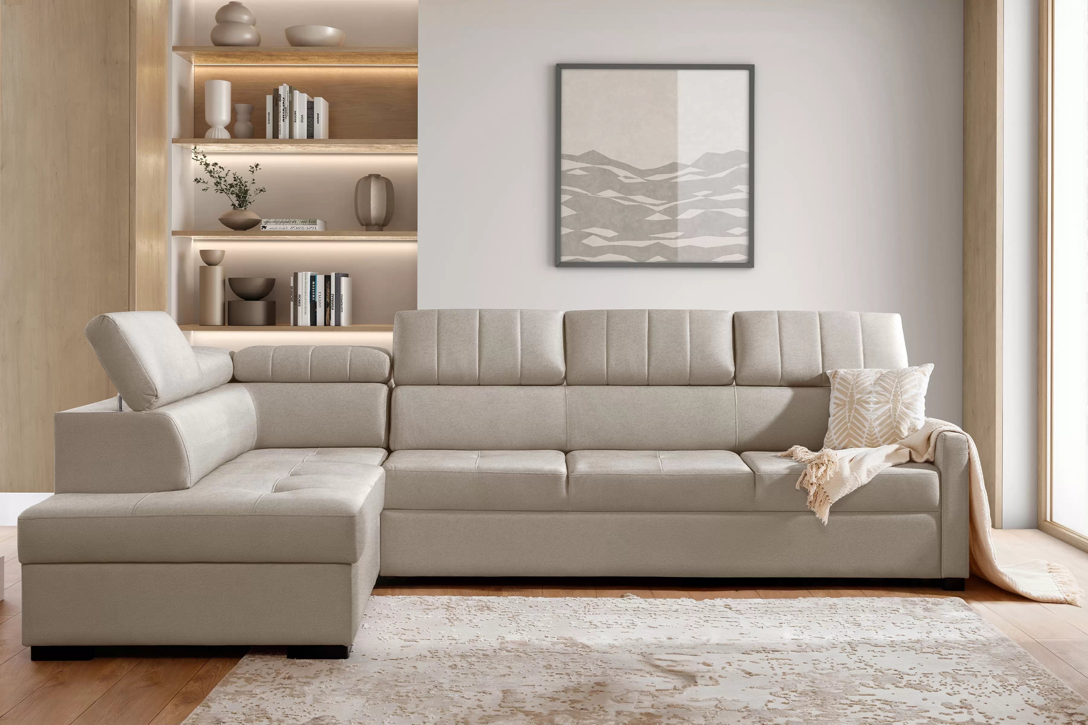 Rozkládací rohová sedací souprava Taremo Maxi levá – krémová Ado 1601 Halva Rohová sedací souprava Taremo Maxi rozkládací levá - kremowa plecionka Ado 1601 Halva