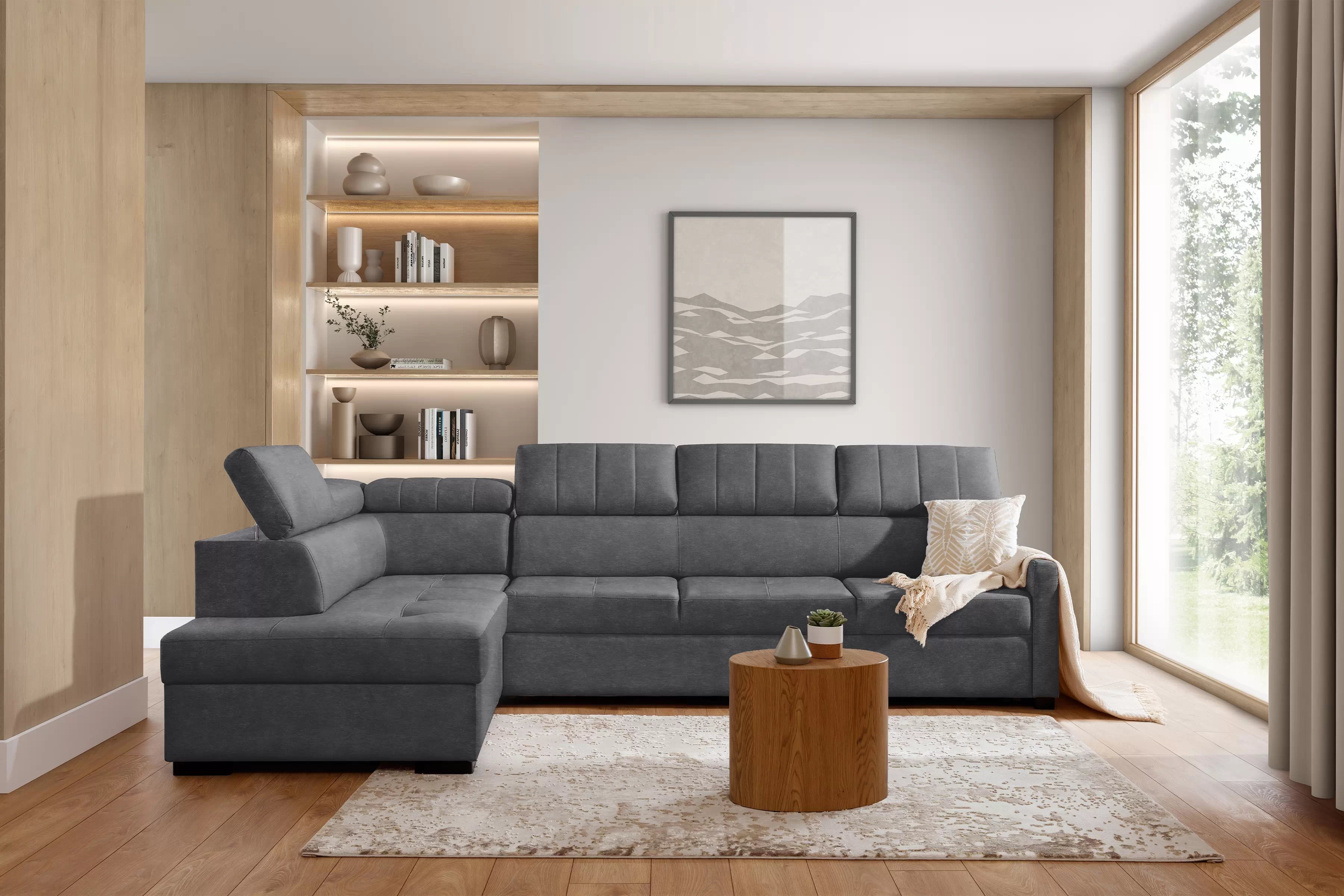 Rozkládací rohová sedací souprava Taremo Maxi levá – šedá Zetta 304 Rohová sedací souprava Taremo Maxi rozkládací levá - šedá samet latwoczyszczacy Zetta 304