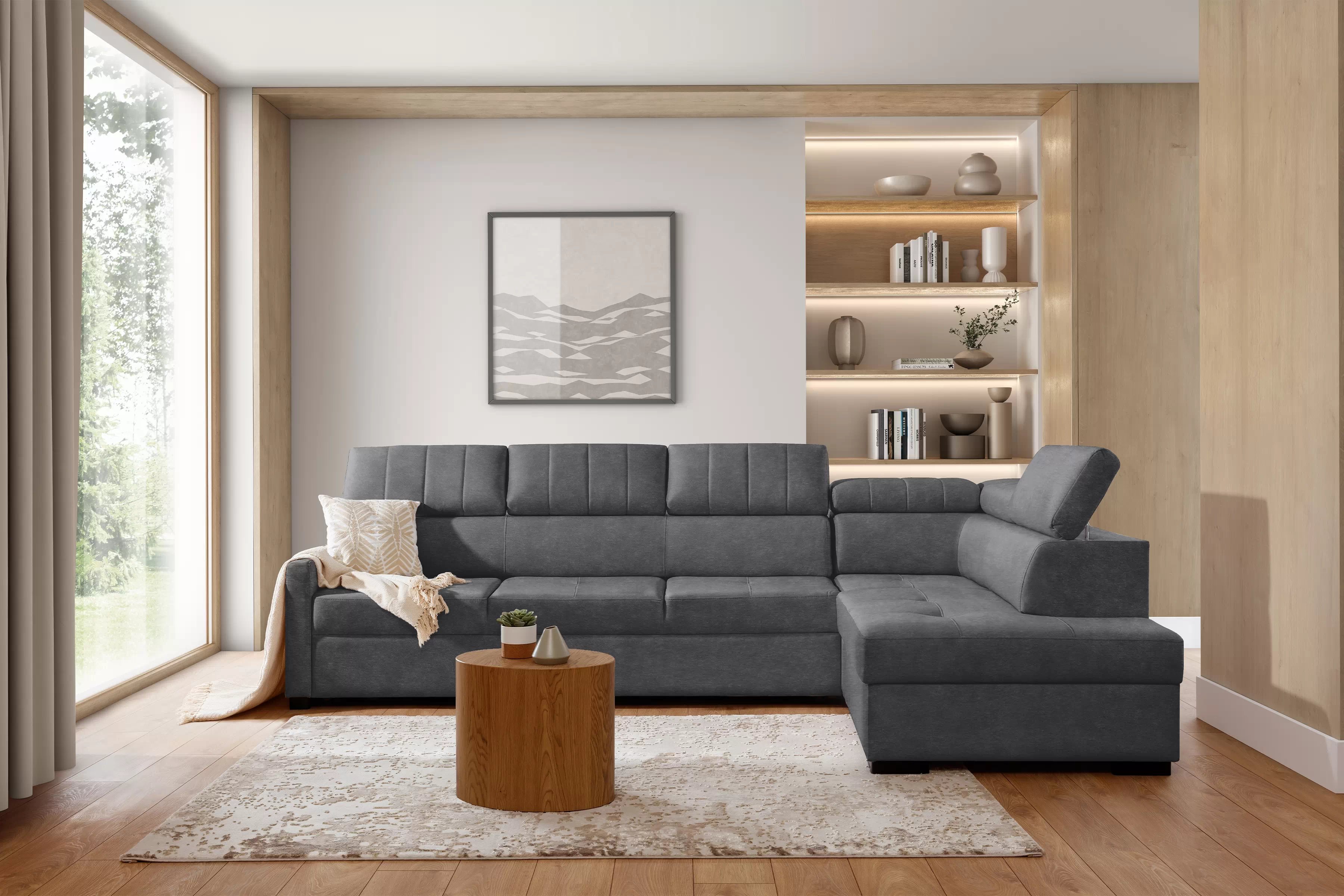 Rozkládací rohová sedací souprava Taremo Maxi pravá – šedá Zetta 304 Rohová sedací souprava Taremo Maxi rozkládací pravá - šedá samet latwoczyszczacy Zetta 304 