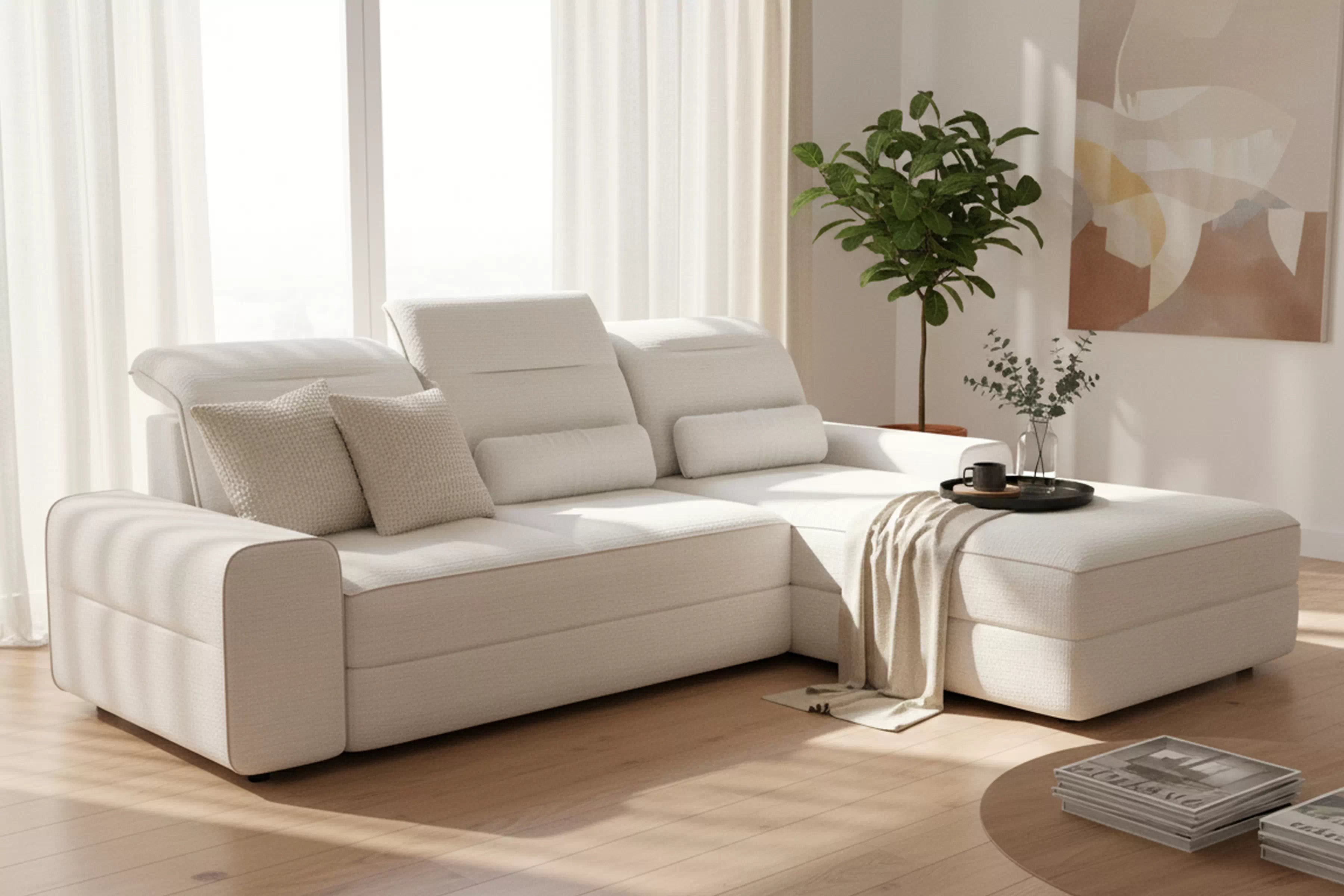 Rohová sedačka Tulia Mini s elektricky vysúvateľným sedadlom pravá - béžová tkanina Sierra 741 + Uni 8005 Rohová sedacia súprava Tulia Mini s elektricky výsuvným sedákem pravá strana - Béžová látka Sierra 741 + Uni 8005 