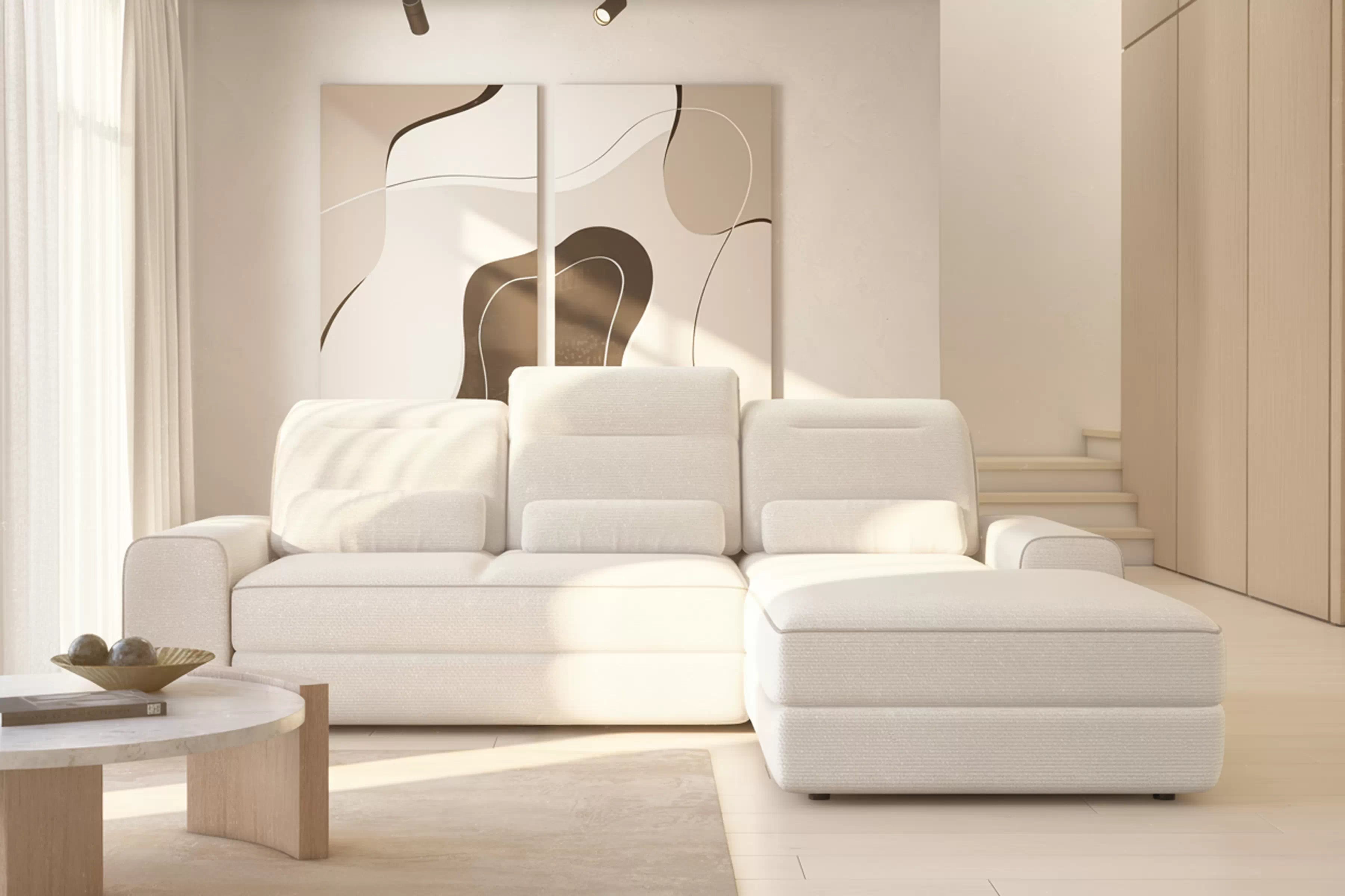 Rohová sedačka Tulia Mini s elektricky výsuvným sedadlom pravostranná - béžový šenil Kate 01 / 02 Rohová sedacia súprava Tulia Mini s elektricky výsuvným sedákem pravá strana - béžový šenil Kate 01 / 02  