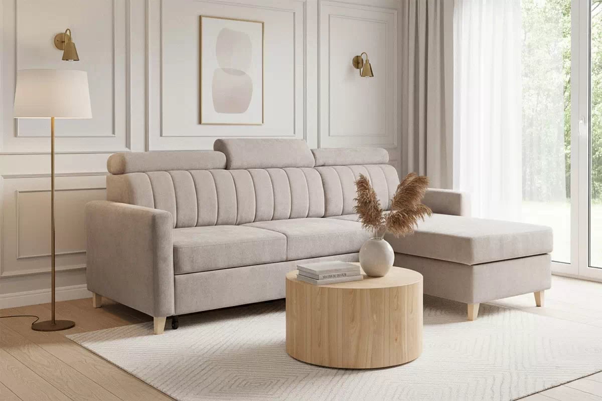 Rohová sedačka Vario s rozkladom univerzálna pravá/ľavá - béžová pletenina Freya 210-03 Rohová sedacia súprava Vario s funkciou spánku uniwersalny prawo/Ľavá strana - Béžová dzianina Freya 210-03