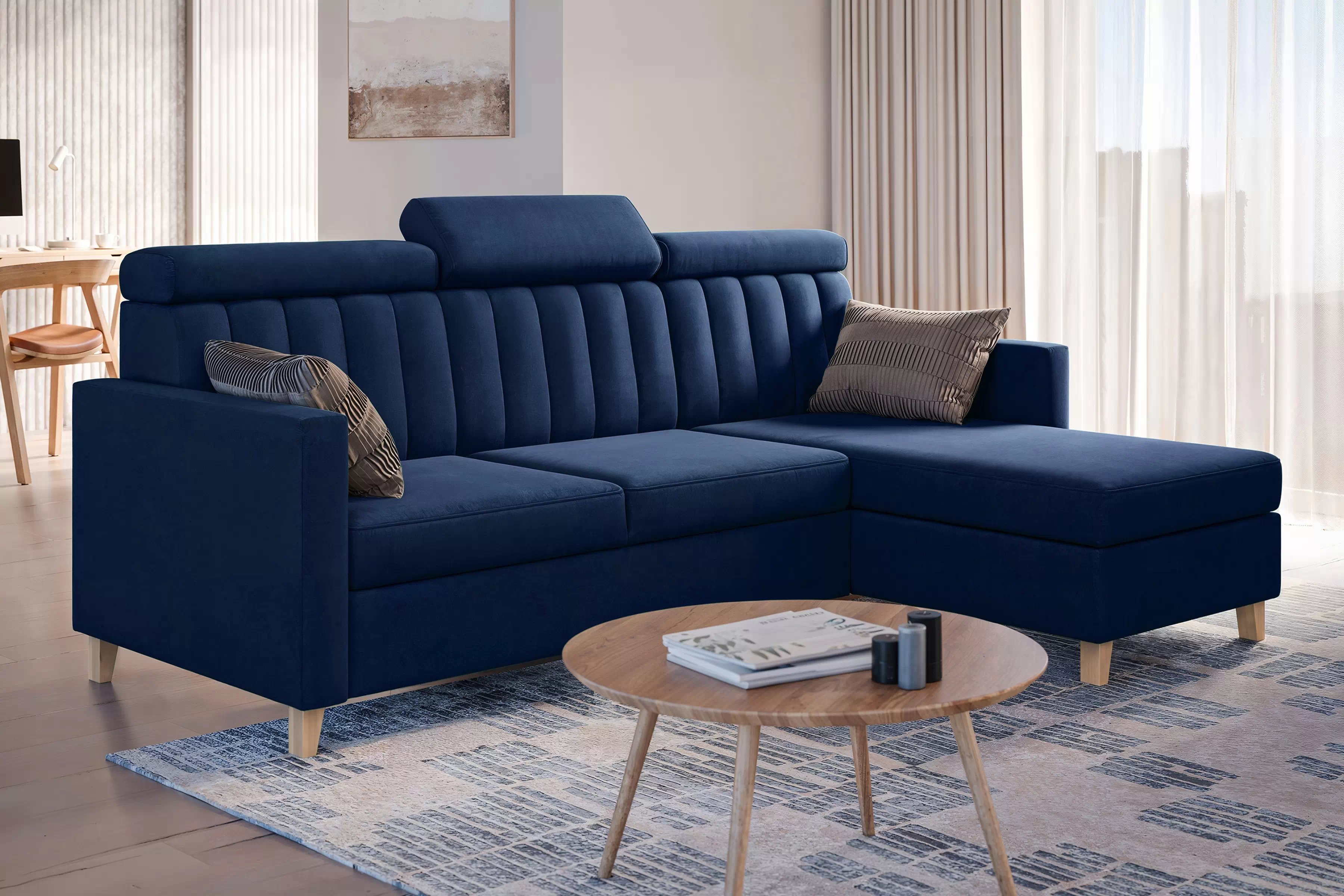 Rozkladacia rohová sedacia súprava Vario univerzálna – tmavomodrý zamat Bluvel 86 Rohová sedacia súprava Vario s funkciou spánku uniwersalny prawo/Ľavá strana - námornícka modrá velúr Bluvel 86