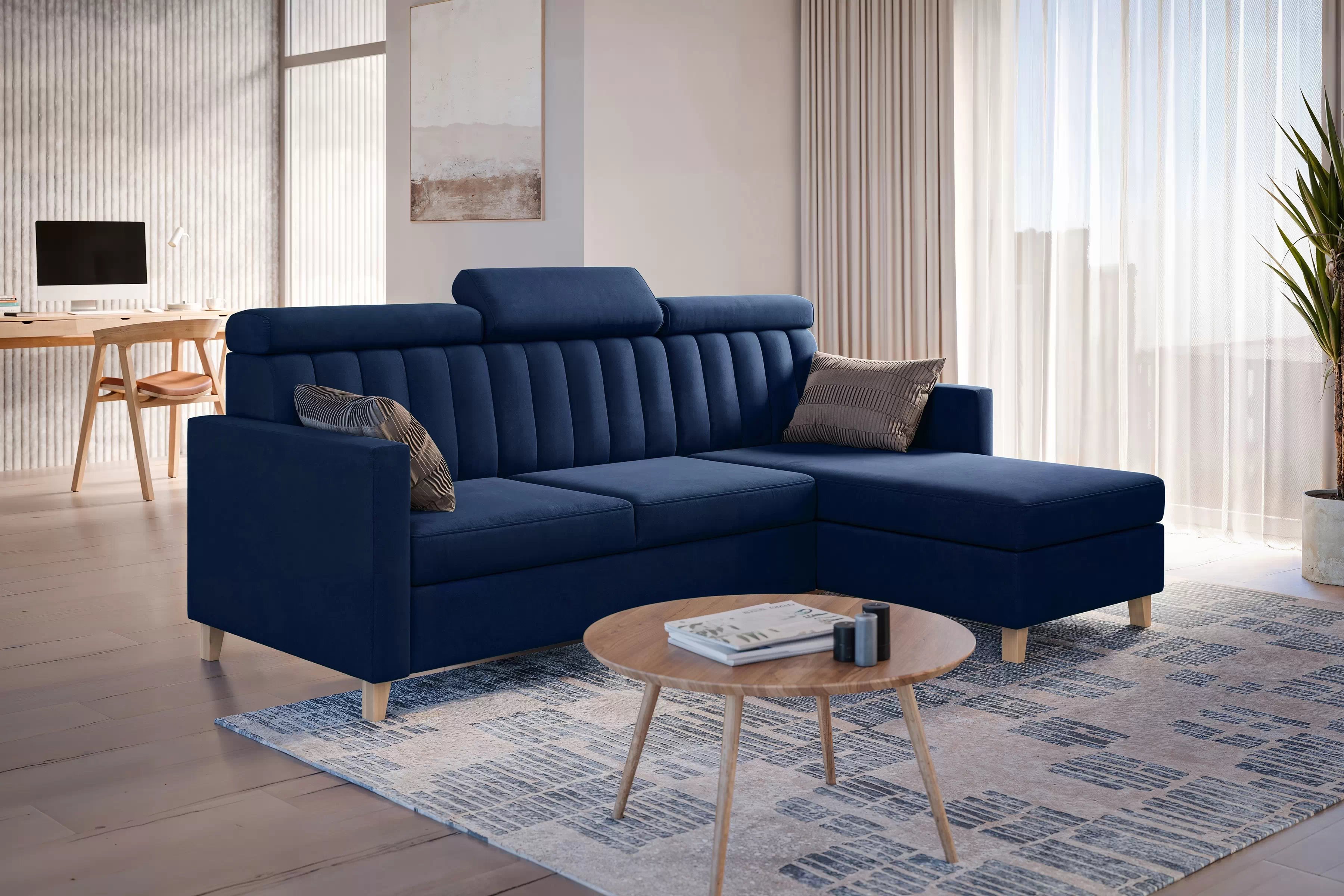 Rozkladacia rohová sedacia súprava Vario univerzálna – tmavomodrý zamat Bluvel 86 Rohová sedacia súprava Vario s funkciou spánku uniwersalny prawo/Ľavá strana - námornícka modrá velúr Bluvel 86
