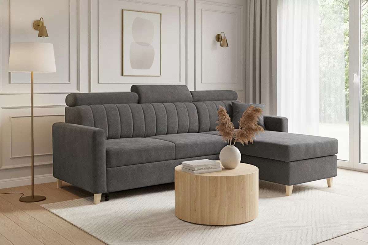 Rohová sedačka Vario s rozkladom univerzálna pravá/ľavá - sivý šenil Wind 89 Rohová sedacia súprava Vario s funkciou spánku uniwersalny prawo/Ľavá strana - šedý šenil Wind 89