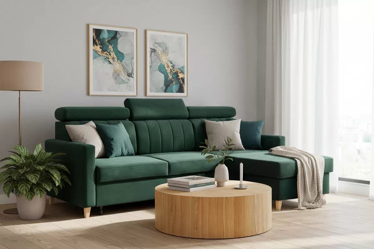 Rohová sedačka Vario s rozkladom univerzálna pravá/ľavá - zelený zamat Bluvel 78 Rohová sedacia súprava Vario s funkciou spánku uniwersalny prawo/Ľavá strana - Zelený velúr Bluvel 78