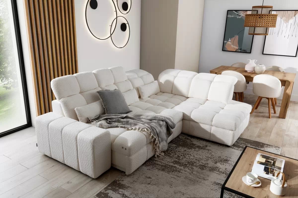 Elektrický rozkládací rohový gauč Magnelio L Bílý Rohová sedací souprava s elektricky výsuvným sedadlem 