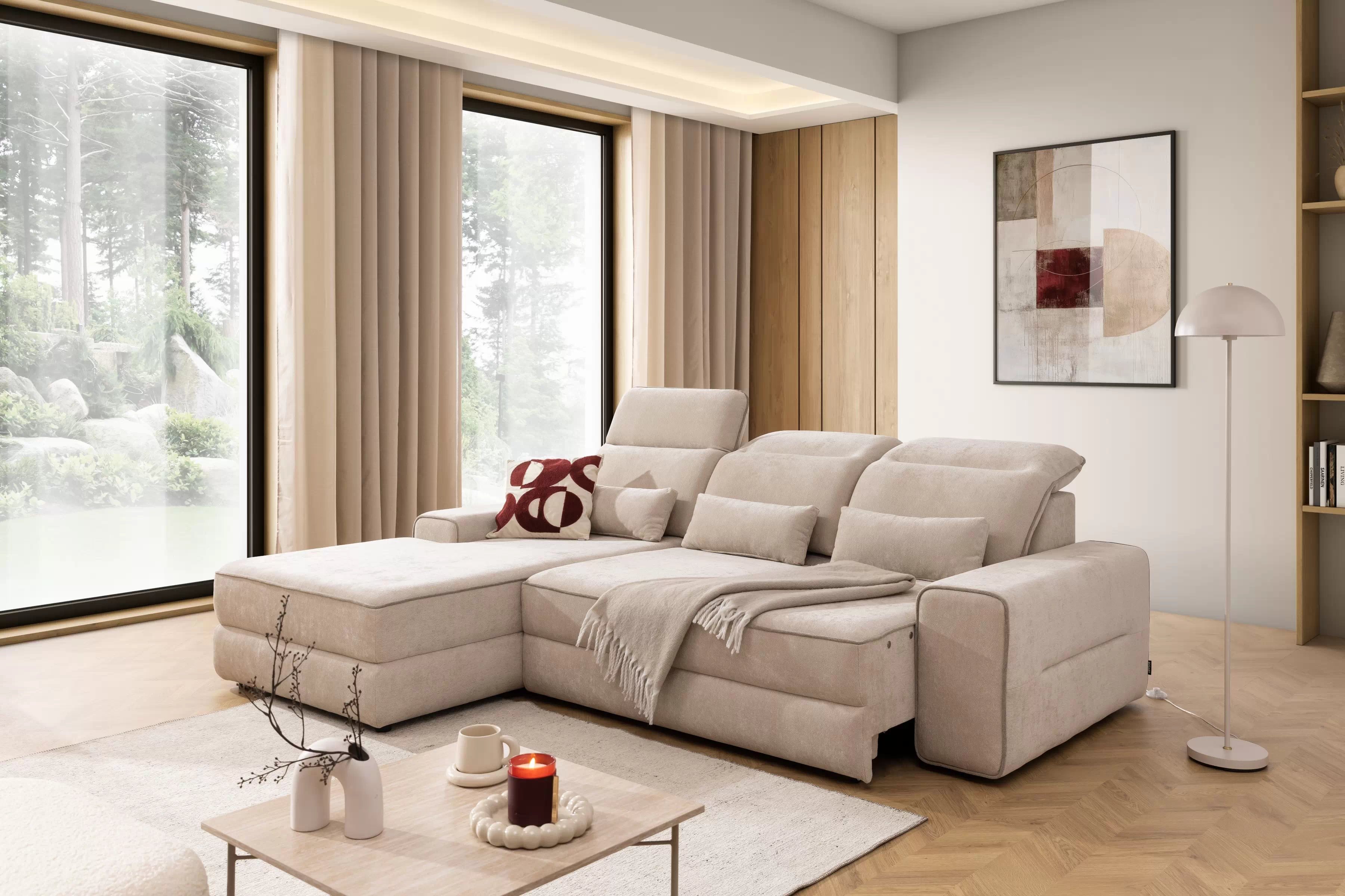 Rohová pohovka Tulia Mini s elektricky výsuvným sedákem Rohová sedací souprava z elektricky wysuwanym sedadlem Tulia Mini