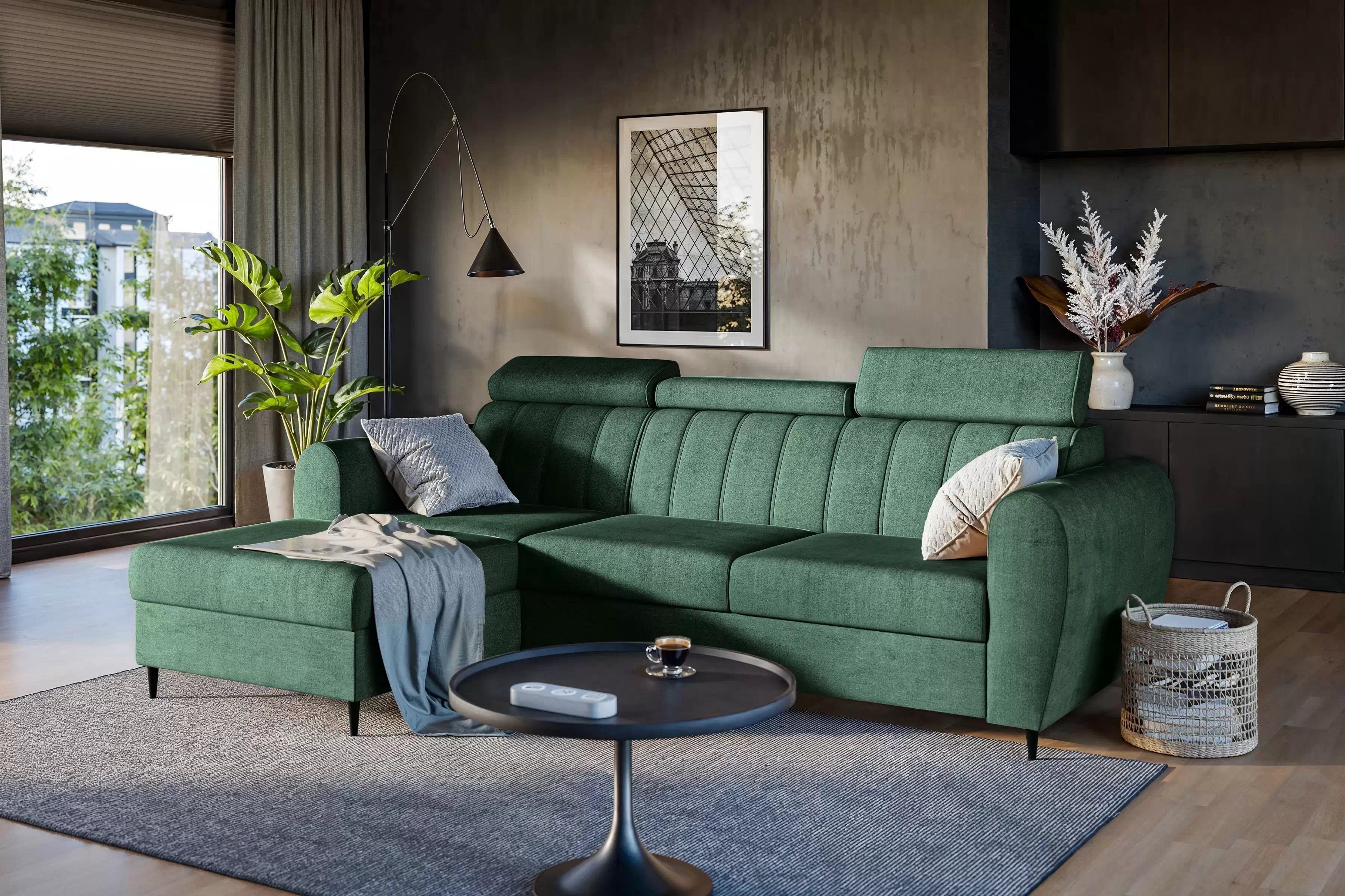 Rozkladacia rohová sedacia súprava Celias Mini ľavá - zelený zamat Kronos 19 Rohová sedacia súprava s funkciou spania Celias Mini Ľavá strana - Zelený zamat Kronos 19