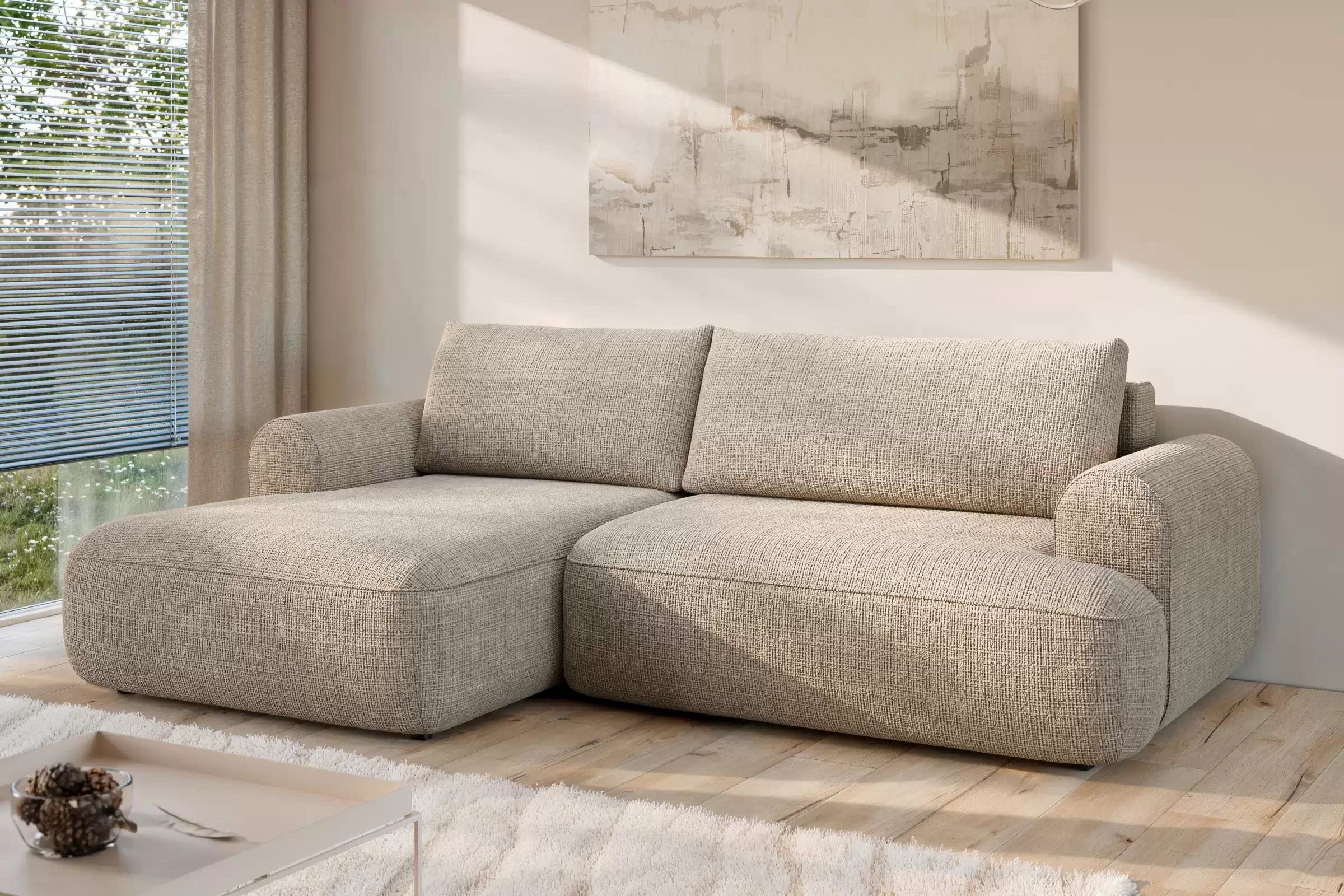 Rozkladacia rohová sedacia súprava Lotulis Mini ľavá - béžová žinylka Cremona 14 Rohová sedacia súprava s funkciou spánku Lotulis Mini Ľavá strana - béžový šenil Cremona 14 