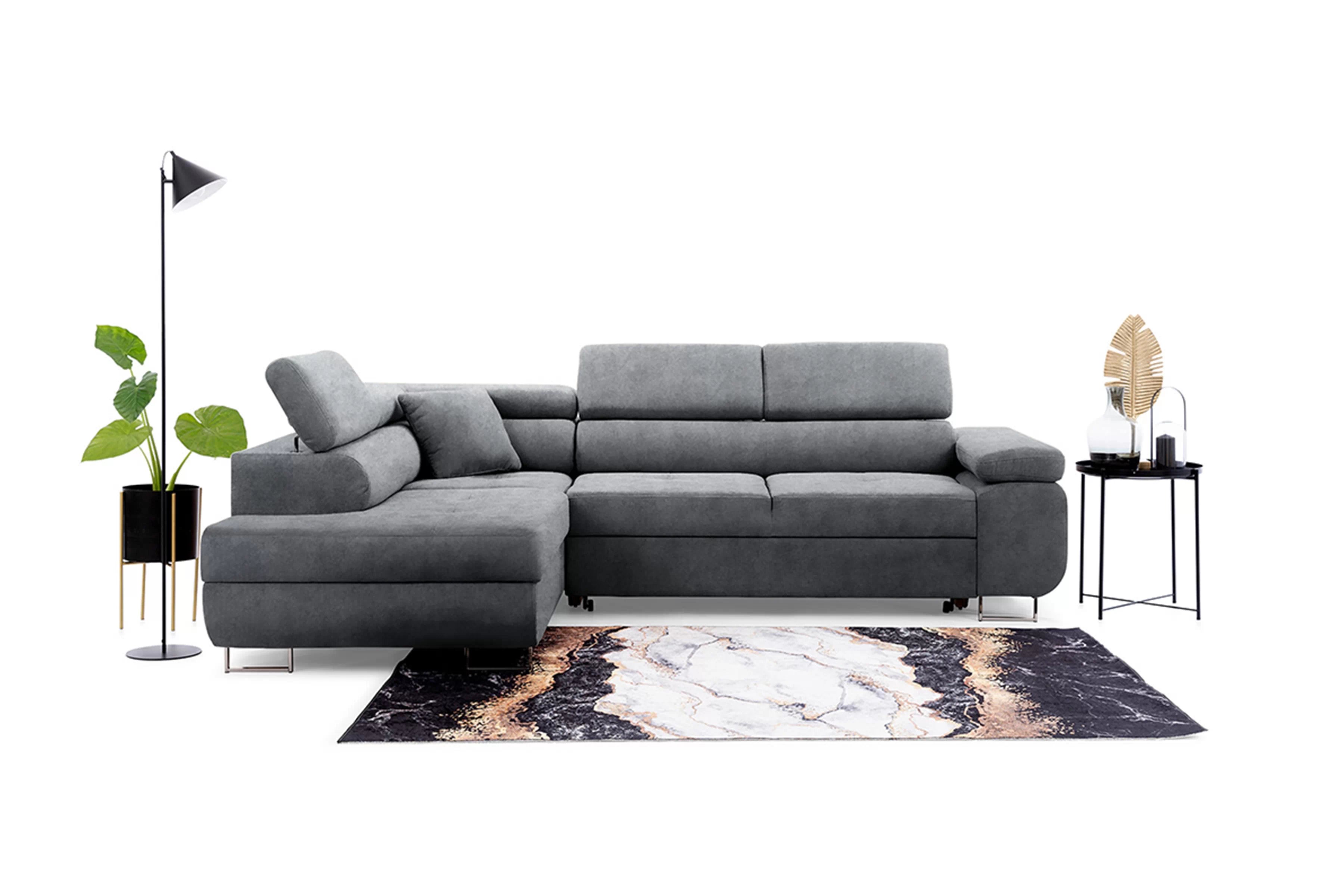 Rozkládací rohová sedací souprava Annabelle L levá - grafitová Zetta 304 / chromované nožky Rohová sedací souprava rozkládací Annabelle levá - grafitová samet hydrofobní  Zetta 304