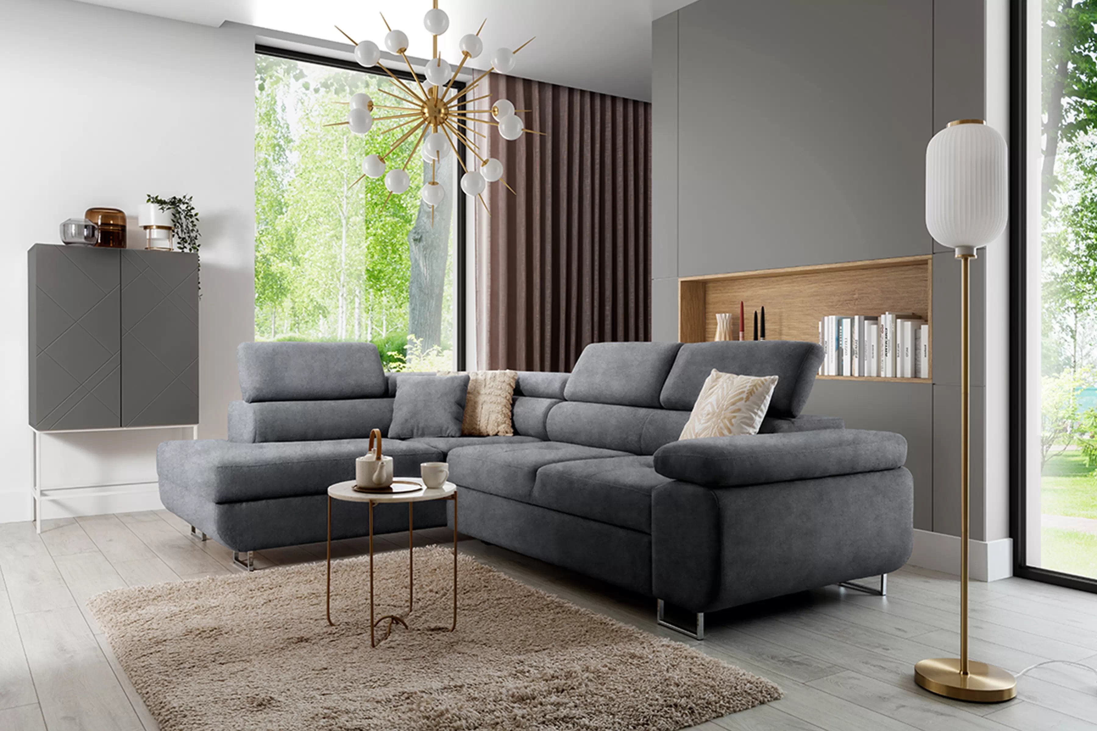 Rozkládací rohová sedací souprava Annabelle L levá - grafitová Zetta 304 / chromované nožky Rohová sedací souprava rozkládací Annabelle levá - grafitová samet hydrofobní  Zetta 304