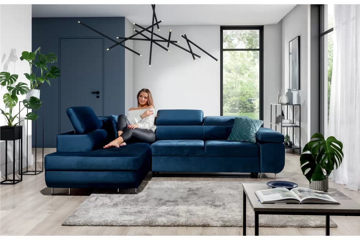 Rozkladacia rohová sedacia súprava Annabelle L ľavá - tmavomodrý Monolith 77 / chrómové nožičky  Rohová sedacia súprava Annabelle Aranzacja