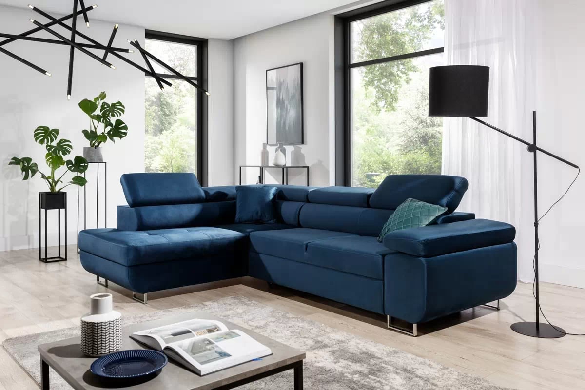 Rozkladacia rohová sedacia súprava Annabelle L ľavá - tmavomodrý Monolith 77 / chrómové nožičky  Rohová sedacia súprava Annabelle Aranzacja