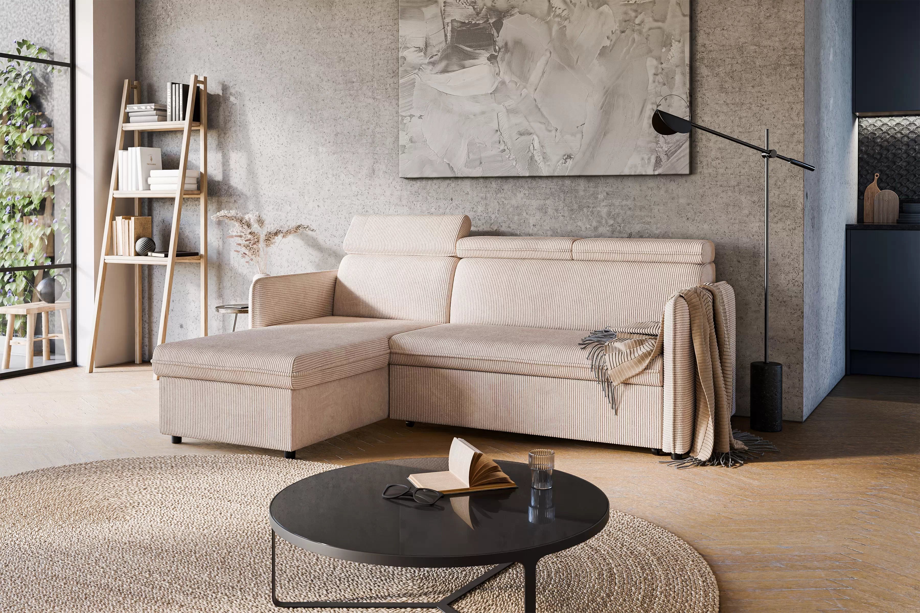 Rozkládací rohová sedací souprava Barcelia Mini - béžová Anafi 22 / snadno čistitelná / univerzální strana Rohová sedací souprava rozkládací Barcelia Mini - béžová manšestr snadno čistitelný Anafi 22