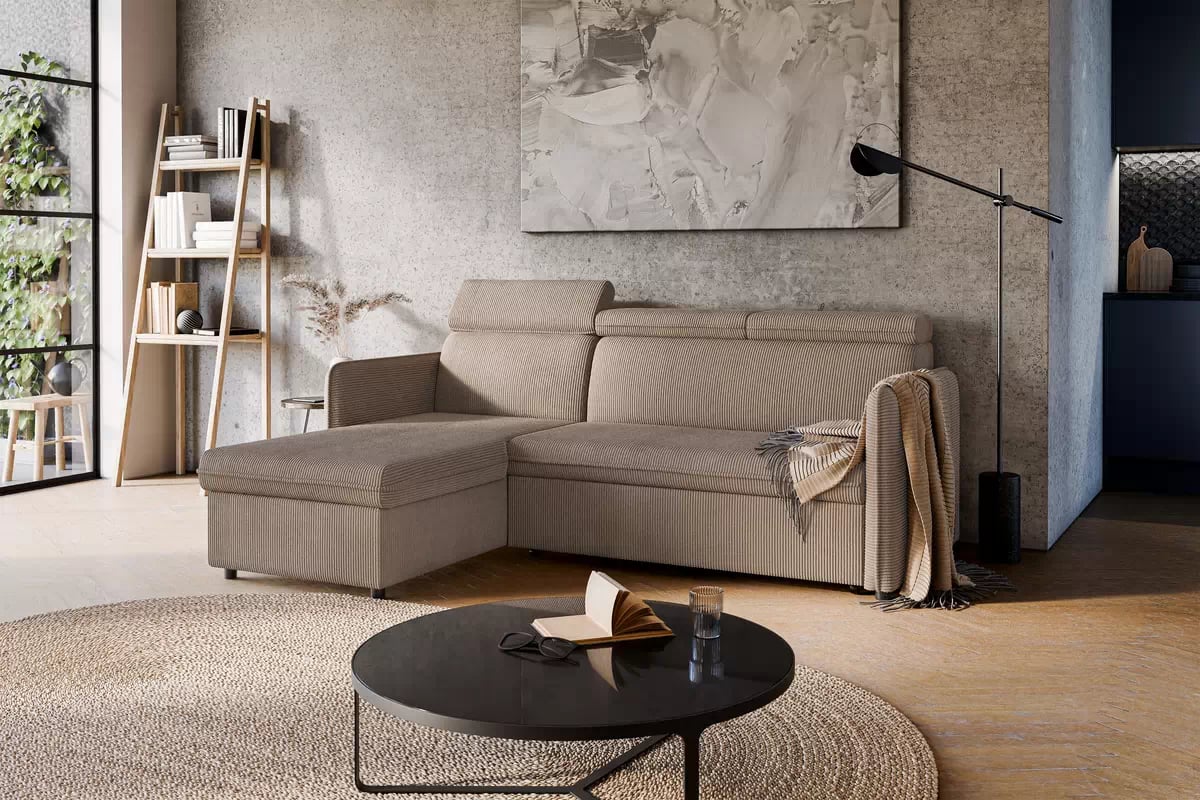 Rozkládací rohová sedací souprava Barcelia Mini - hnědá Anafi 06 / snadno čistitelná / univerzální strana Rohová sedací souprava s funkcí spaní Barcelia Mini - Hnědý manšestr snadno čistitelný Anafi 06