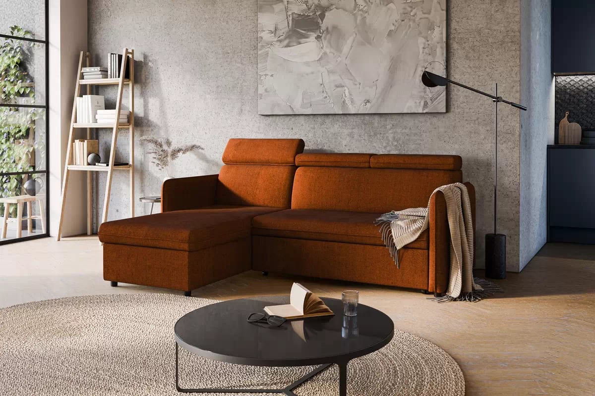 Rozkládací rohová sedací souprava Barcelia Mini univerzální - cihlová Enjoy New 39 Rohová sedací souprava s funkcí spaní Barcelia Mini - ruda potahová látka hydrofobowa Enjoy New 39