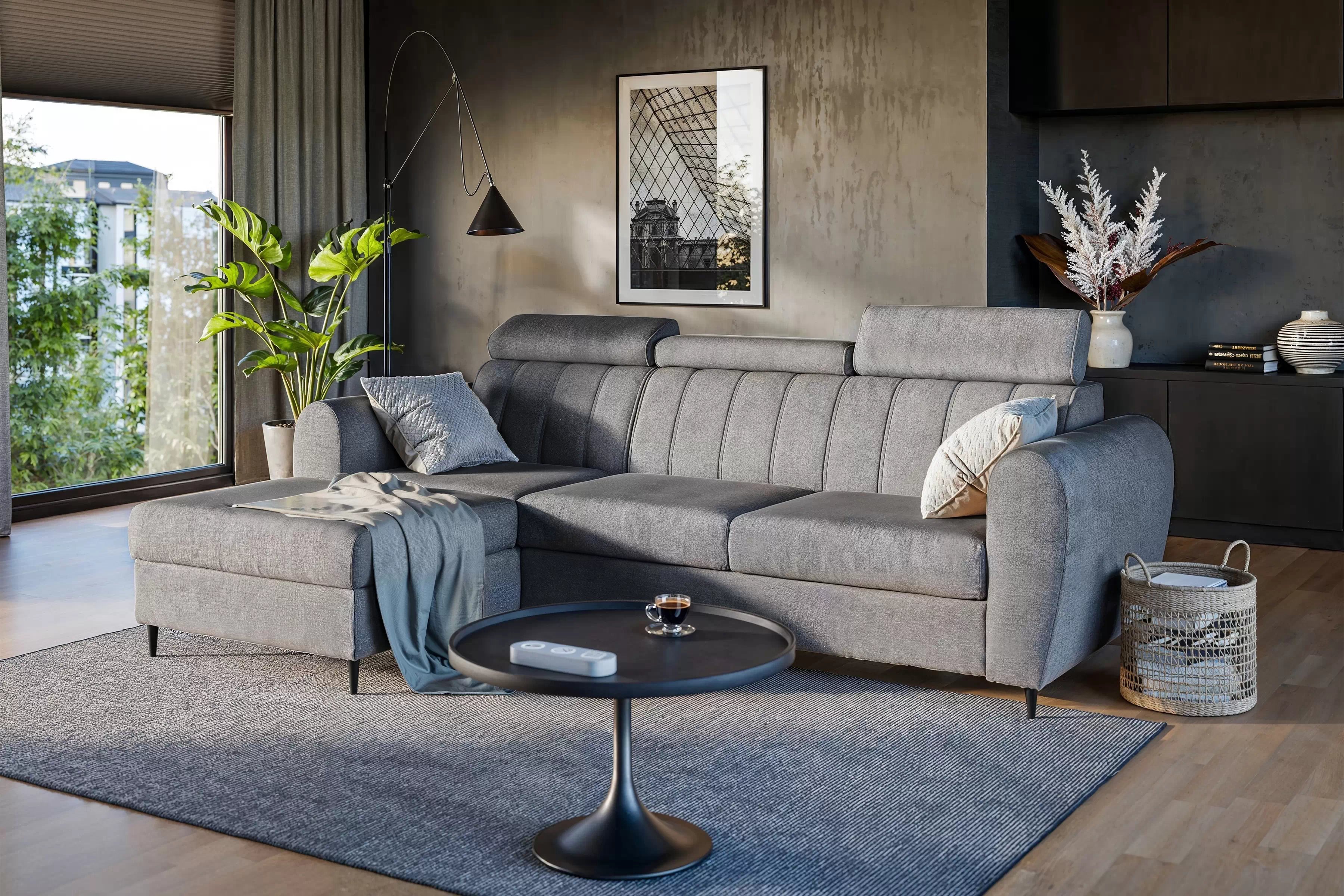 Rozkládací rohová sedací souprava Celias Mini levá - šedá látka Kronos 22 Rohová sedací souprava rozkládací Celias Mini levá - šedá samet Kronos 22