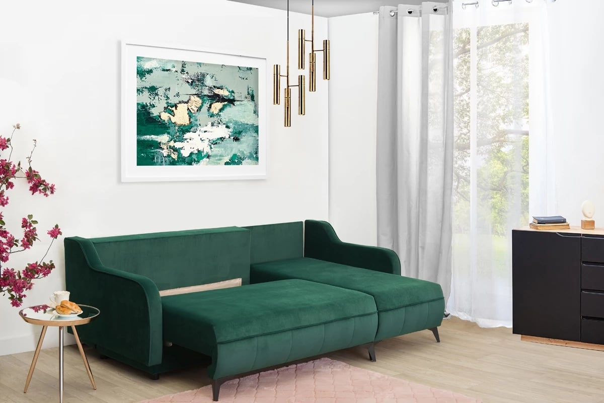 Rozkladacia rohová sedacia súprava Drago Zelený Rohová rozkladacia sedačka do obývačky ze skrzynia na posciel 