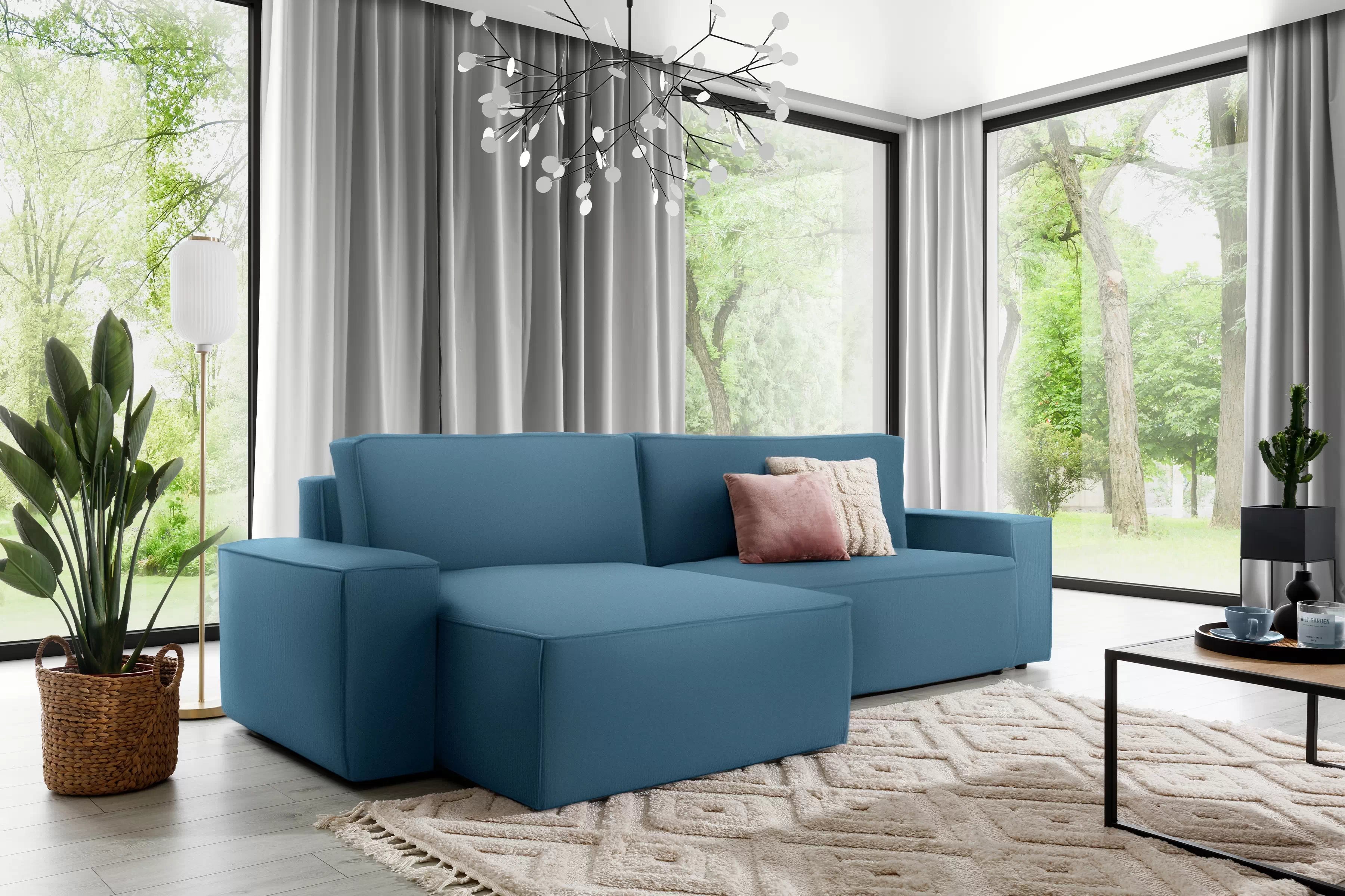 Rohová sedacia súprava ľavá rozkladacia Flabio Mini - modrá látka ľahkočistiaca Solar 77 Rohová sedacia súprava s funkciou spania Flabio Mini Ľavá strana - modrá látka ľahkočistiaca Solar 77