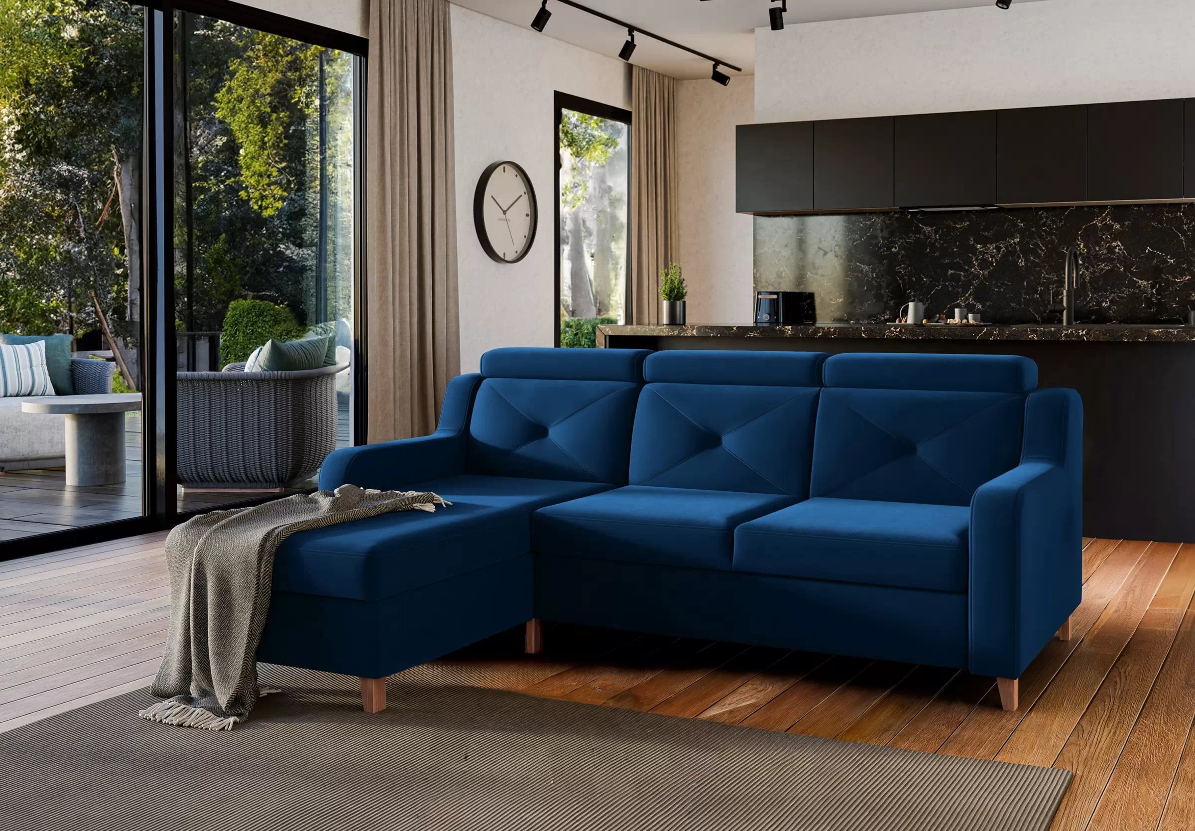 Rohová sedačka Laksaro s rozkladom ľavostranná - modrý zamat Trinity 31 Rohová sedacia súprava s funkciou spánku Laksaro Ľavá strana - Modrý velúr Trinity 31