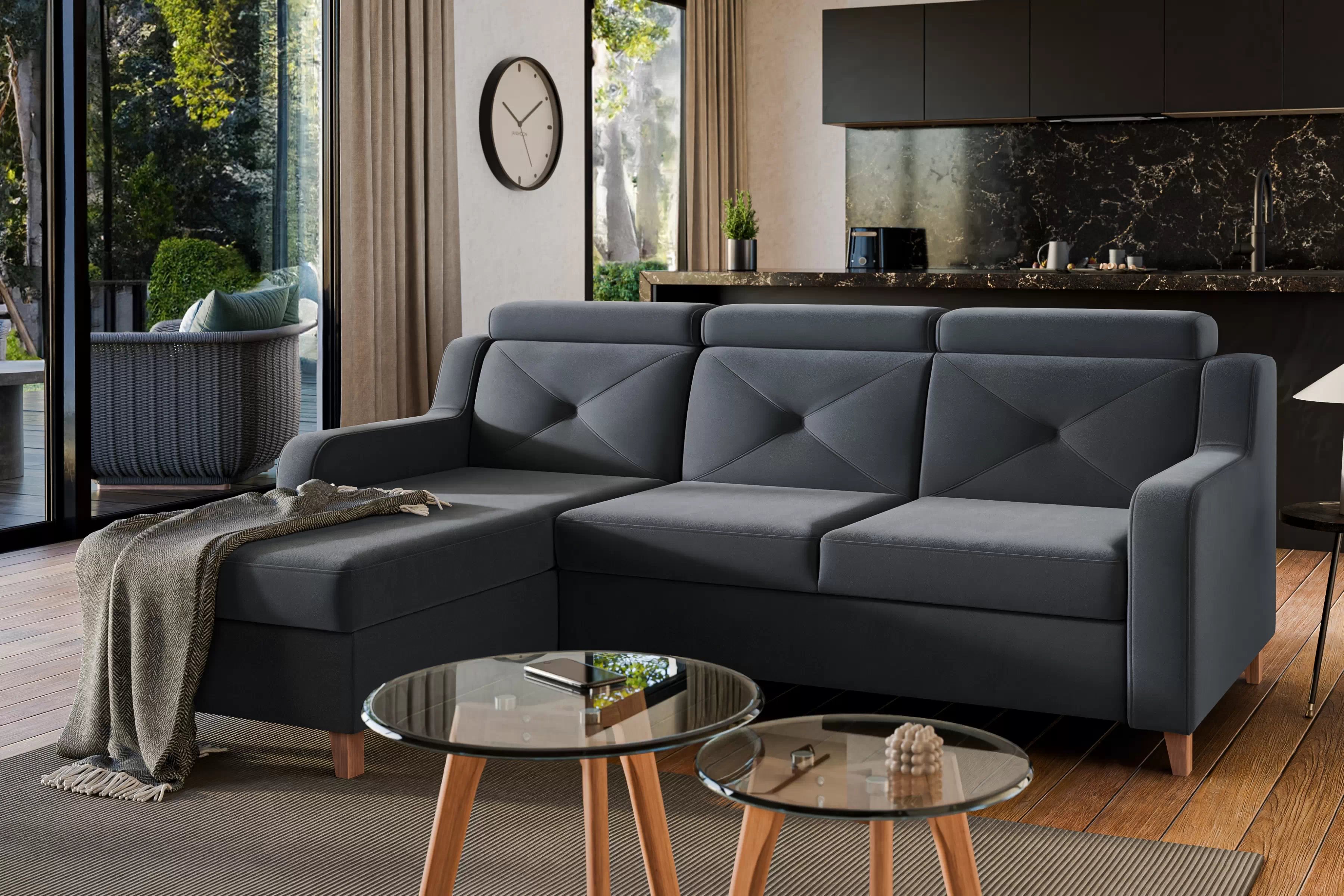 Rohová pohovka Laksaro s rozkladem levostranná - šedý samet Jasmine 96 Rohová sedací souprava rozkládací Laksaro levá - šedá samet Trinity 15