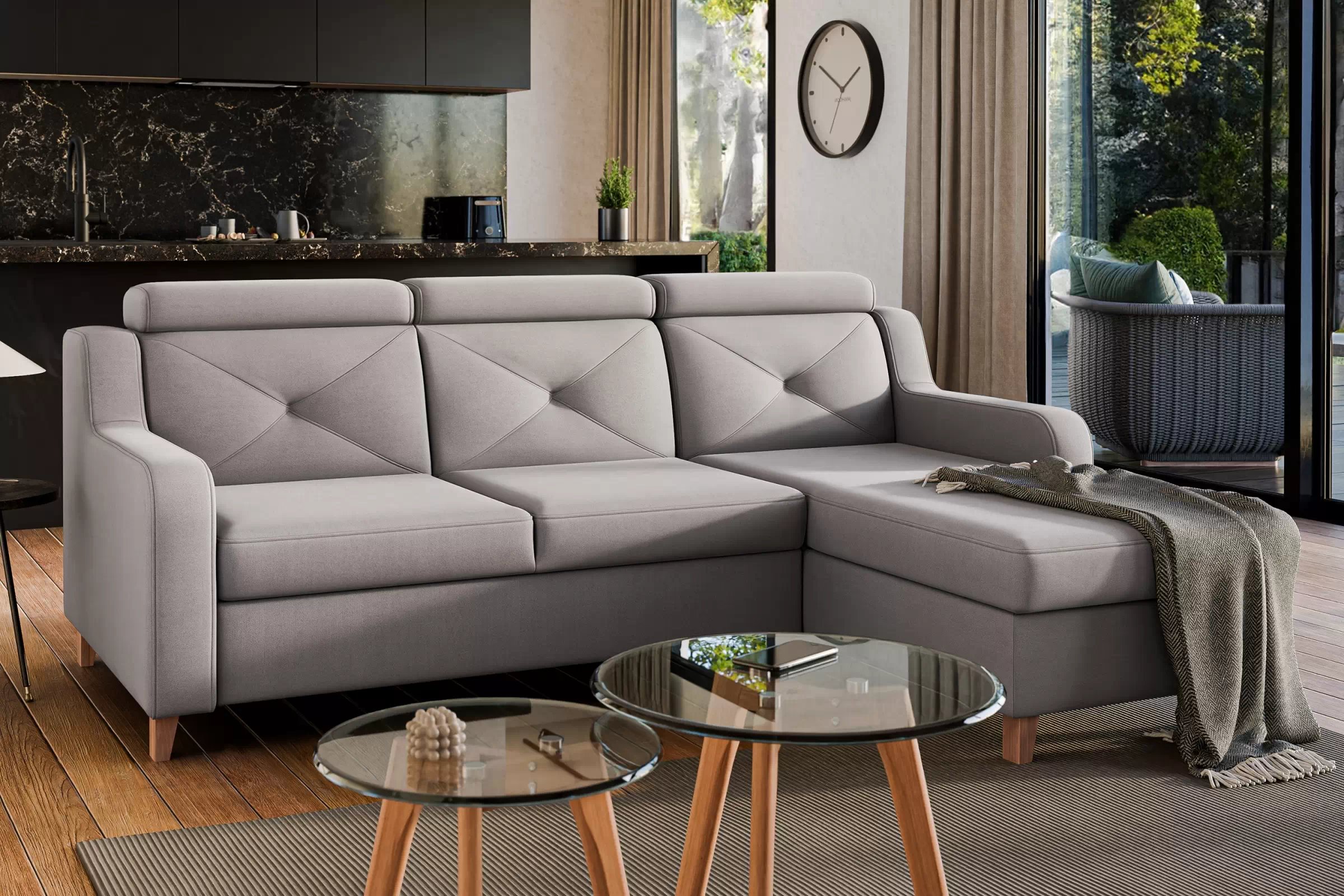 Rohová sedačka Laksaro s rozkladom pravostranná - tmavobéžový zamat Jasmine 25 Rohová sedacia súprava s funkciou spánku Laksaro pravá strana - ciemno béžový velúr Jasmine 25