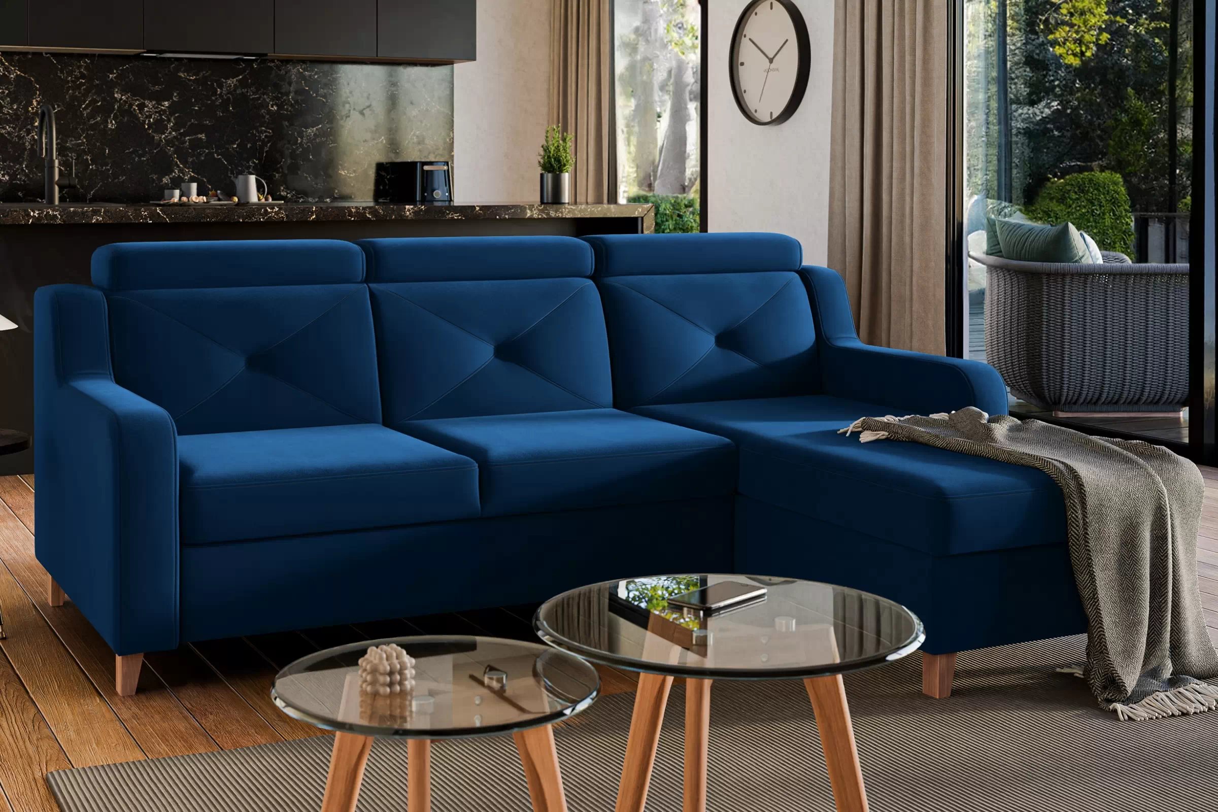 Rohová sedačka Laksaro s rozkladom pravostranná - modrý zamat Trinity 31 Rohová sedacia súprava s funkciou spánku Laksaro pravá strana - Modrý velúr Trinity 31