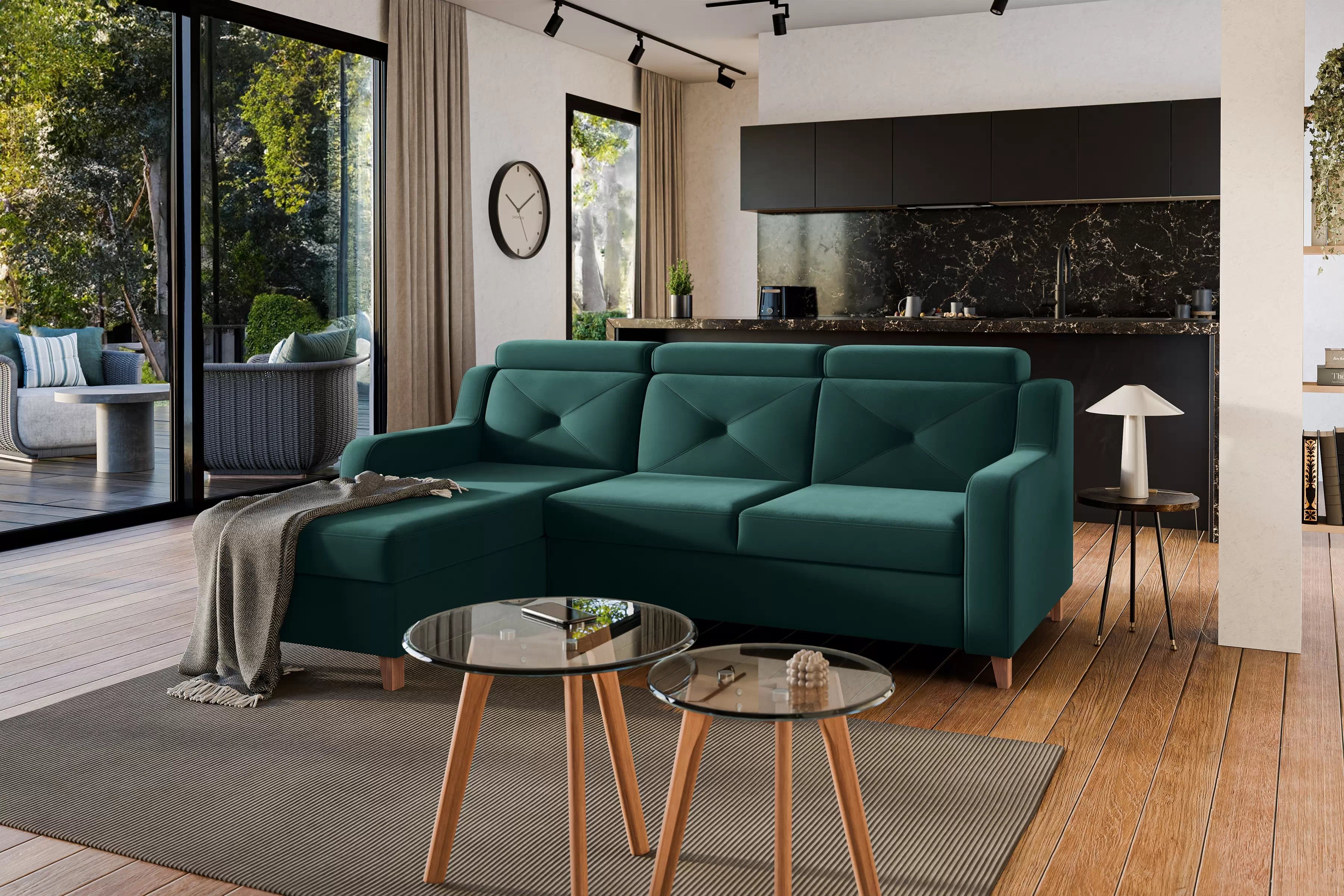 Rohová sedačka Laksaro s rozkladom pravostranná - zelený zamat Trinity 28 Rohová sedacia súprava s funkciou spánku Laksaro pravá strana - Zelený velúr Trinity 28