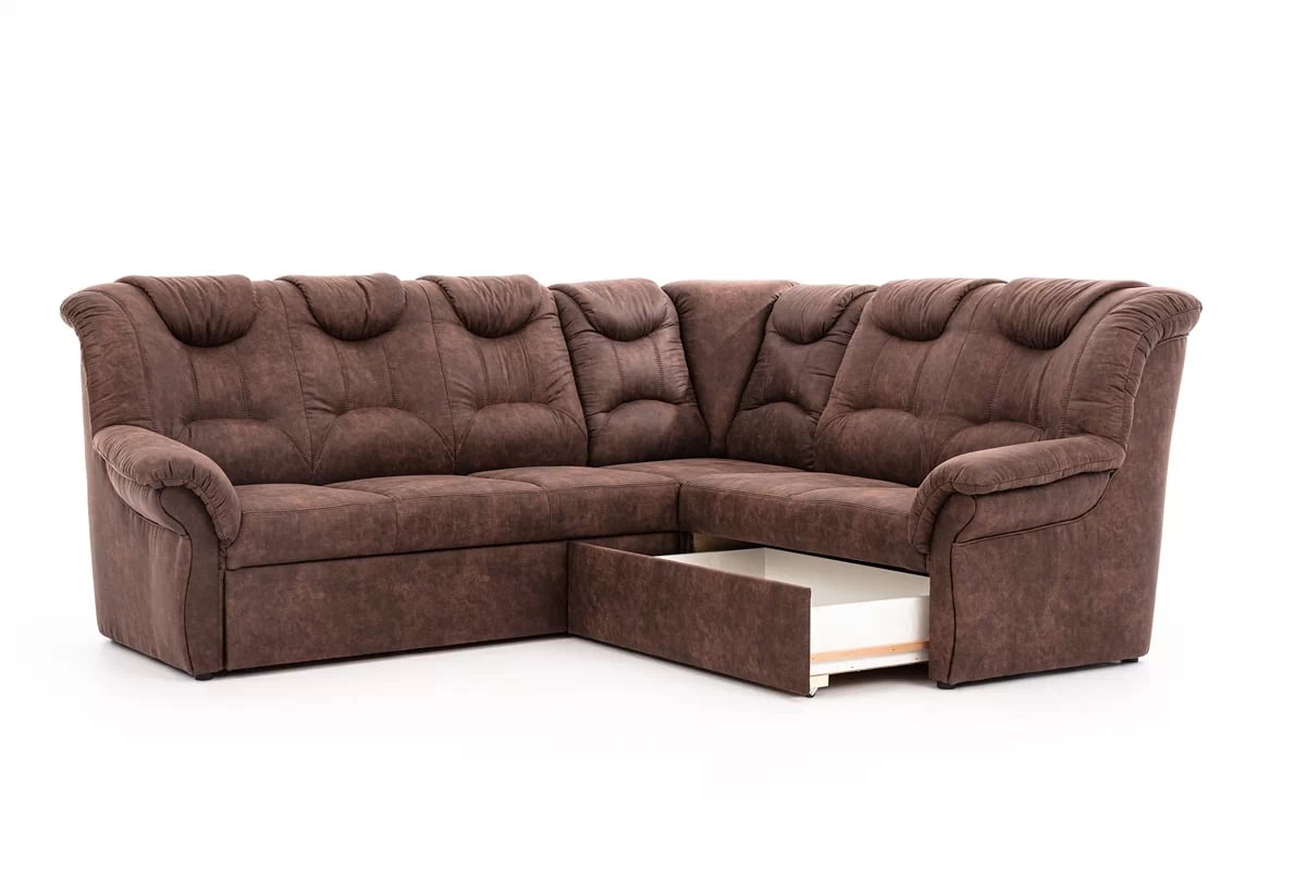 Rohová rozkladacia sedacia súprava Lonigo L pravá - hnedá látka Preston 29 brazowy Rohová sedacia súprava so zásuvkou na posciel 
