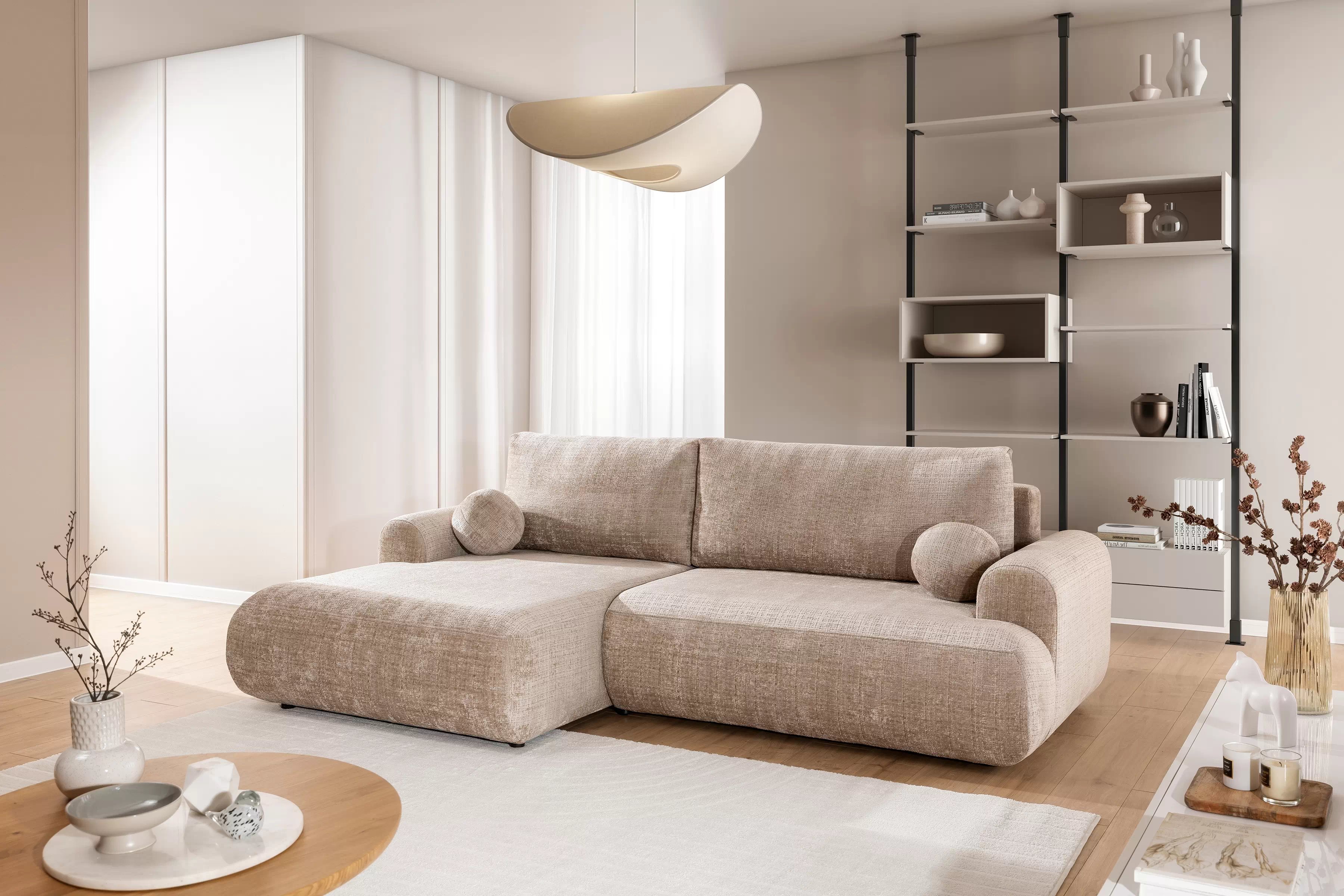 Rozkladacia rohová sedacia súprava Lotulis Mini ľavá - béžová žinylka Cremona 14 Rohová sedacia súprava s funkciou spánku Lotulis Mini Ľavá strana - béžový šenil Cremona 14 