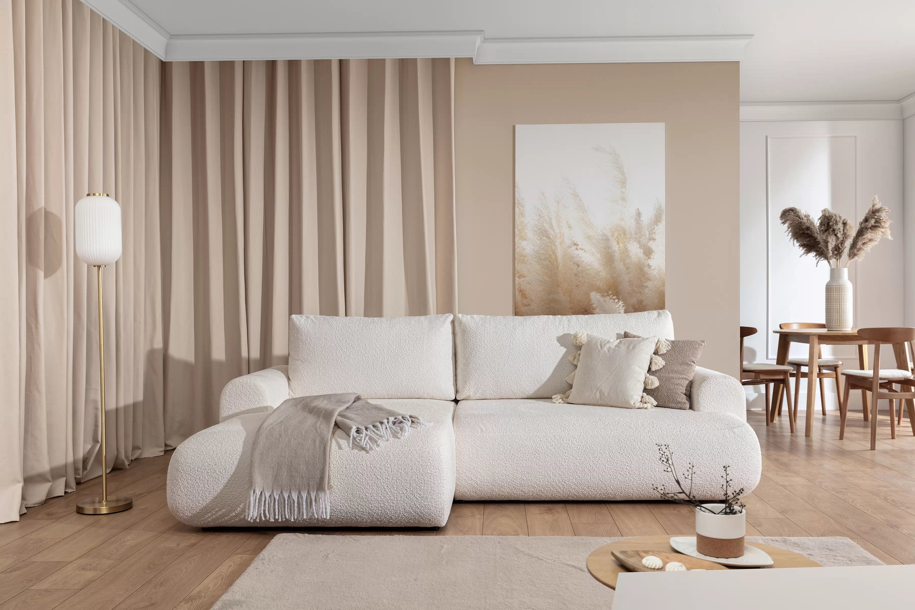 Rohová rozkladacia sedacia súprava Lotulis Mini Ľavá - krémová látka Boucle Catch Me 01 Rohová sedacia súprava s funkciou spánku Lotulis Mini Ľavá strana - kremowa boucle Catch Me 01