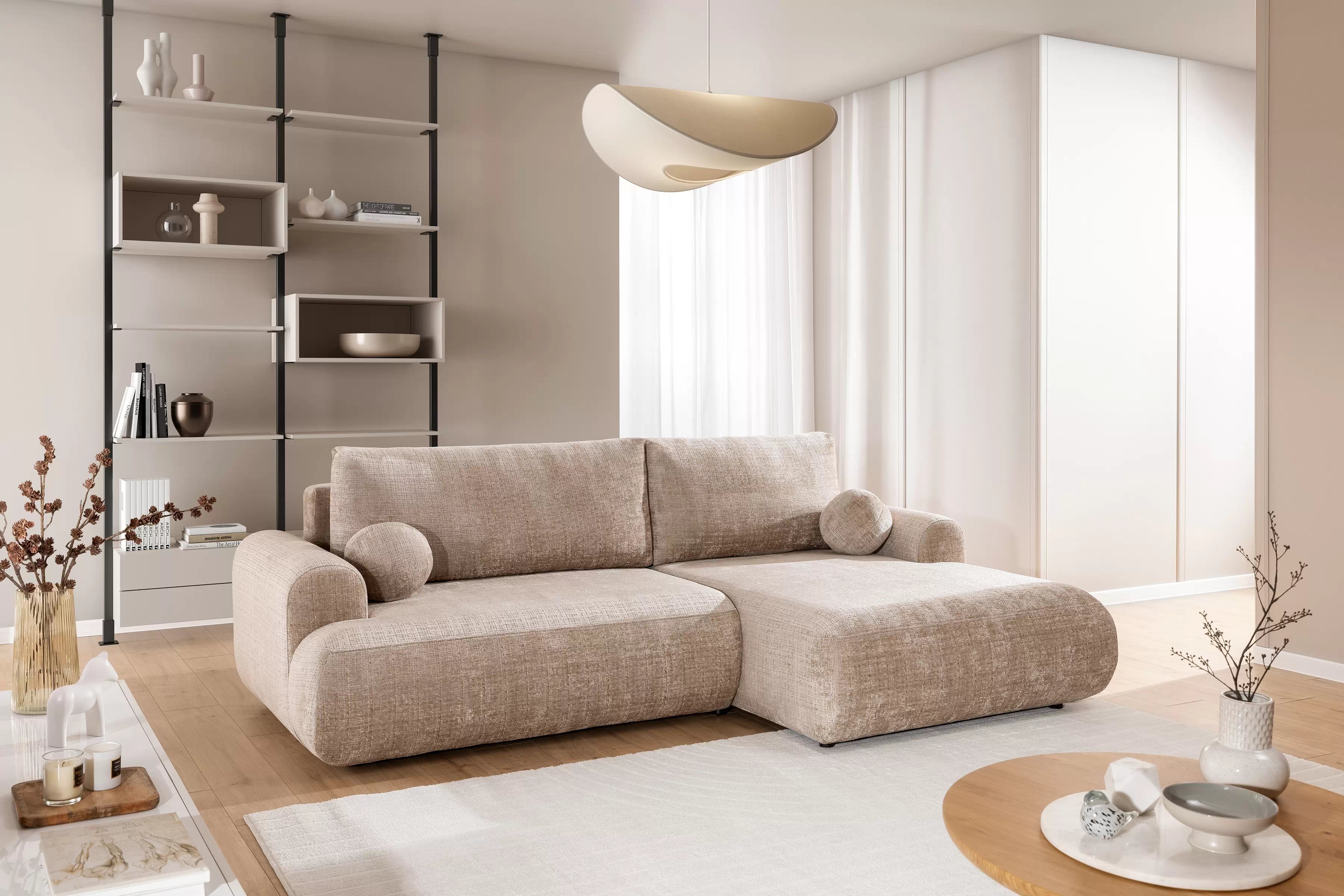 Rozkladacia rohová sedacia súprava Lotulis Mini pravá - béžová žinylka Cremona 14 Rohová sedacia súprava s funkciou spánku Lotulis Mini pravá strana - béžový šenil Cremona 14 