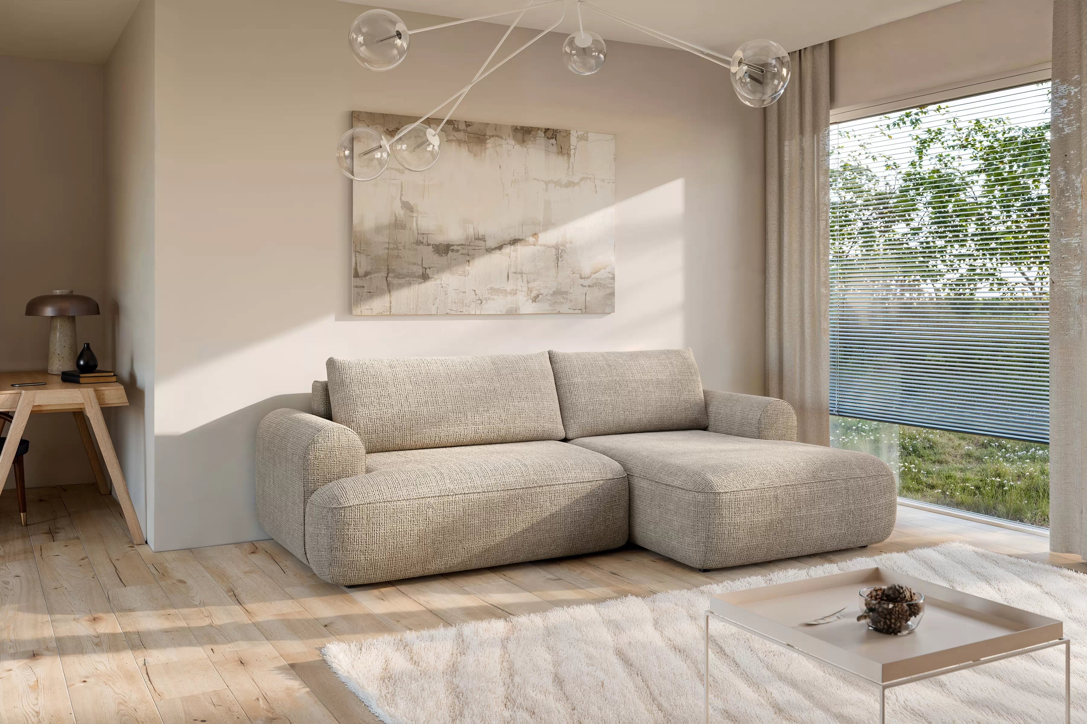 Rozkladacia rohová sedacia súprava Lotulis Mini pravá - béžová žinylka Cremona 14 Rohová sedacia súprava s funkciou spánku Lotulis Mini pravá strana - béžový šenil Cremona 14 