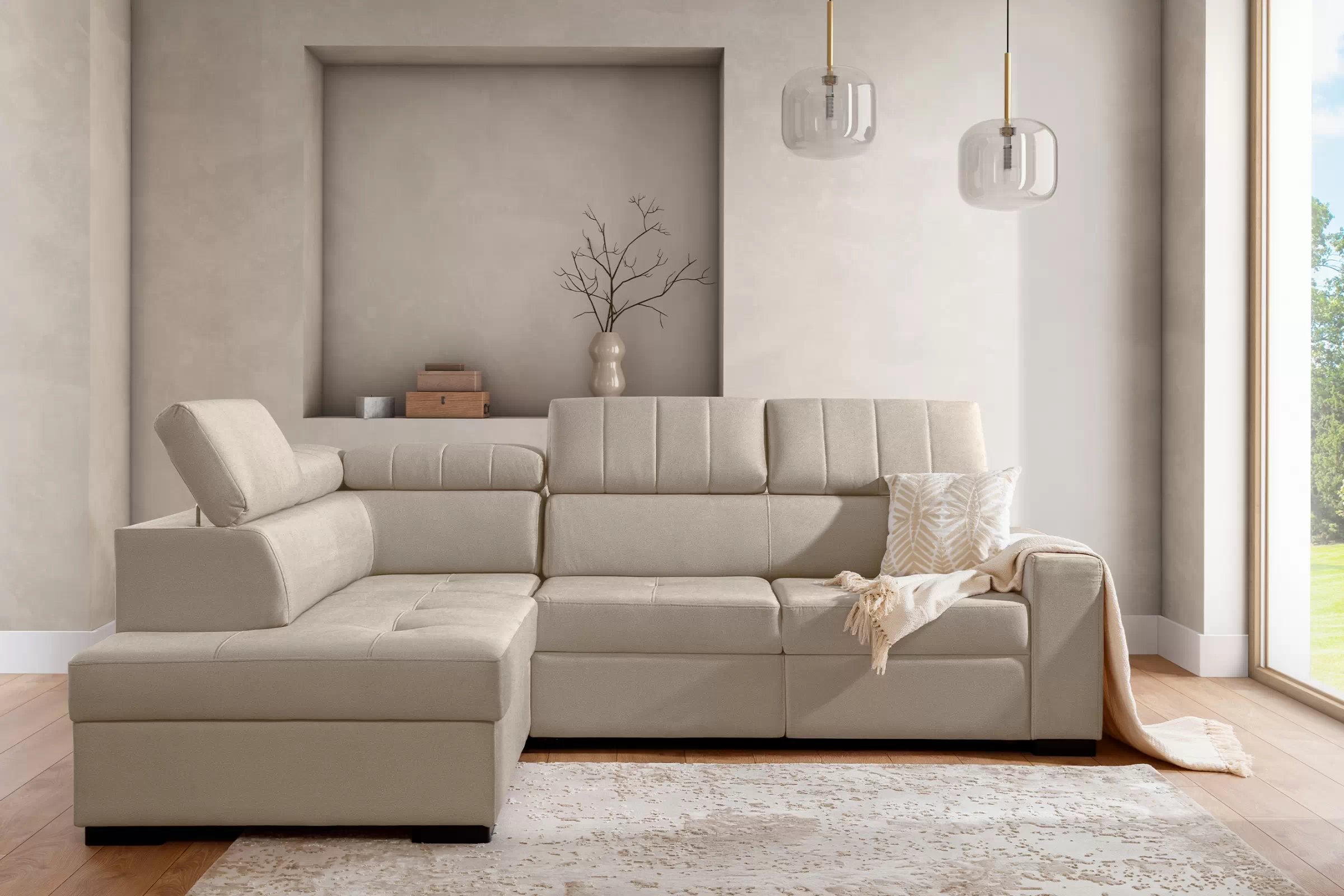 Rozkladacia rohová sedacia súprava Modeno L ľavá - krémová pletenina Ado 1601 Rohová sedacia súprava s funkciou spánku Modeno L Ľavá strana - kremowa plecionka Ado 1601