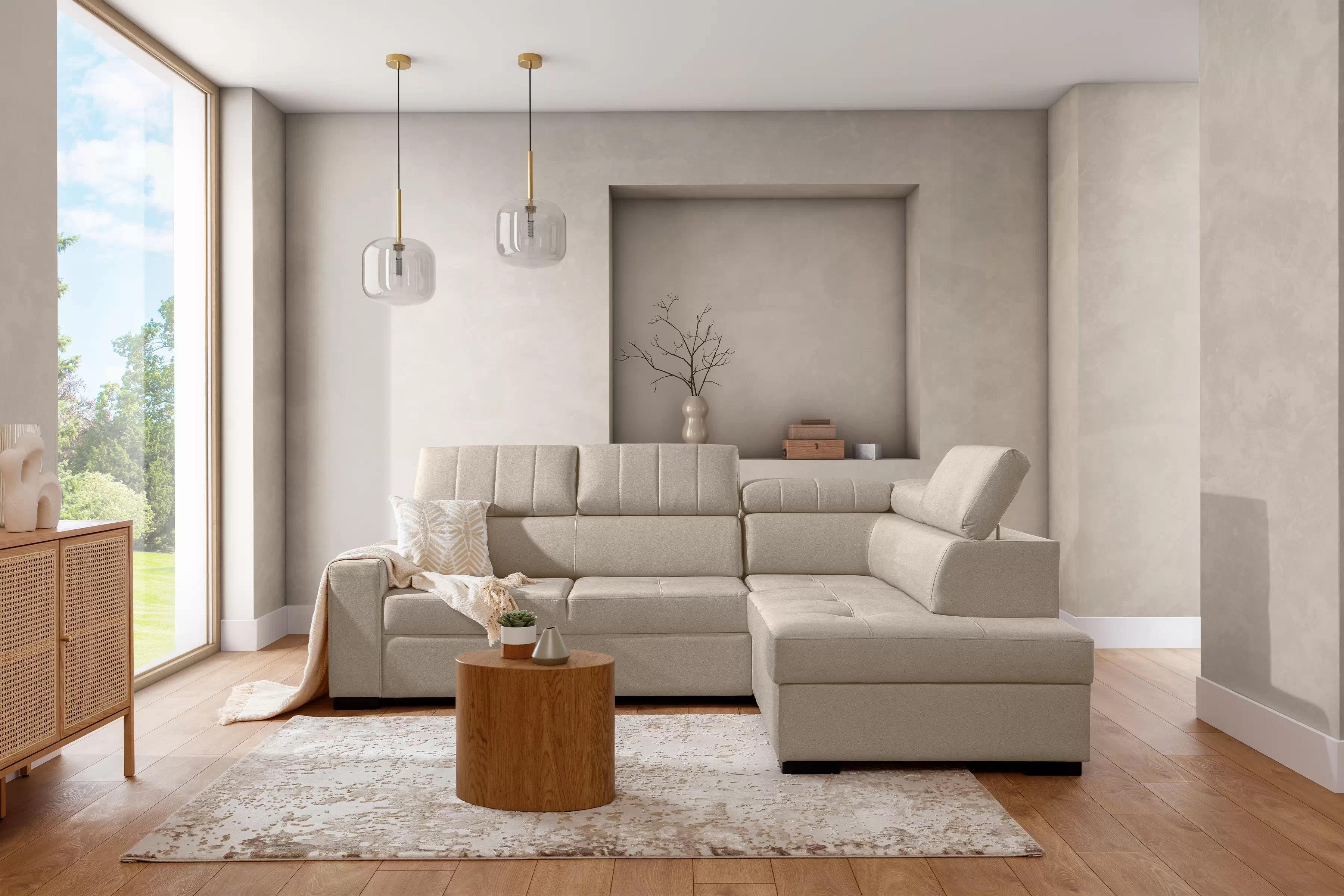 Rozkladacia rohová sedacia súprava Modeno L pravá - krémová pletenina Ado 1601 Rohová sedacia súprava s funkciou spánku Modeno L pravá strana - kremowa plecionka Ado 1601