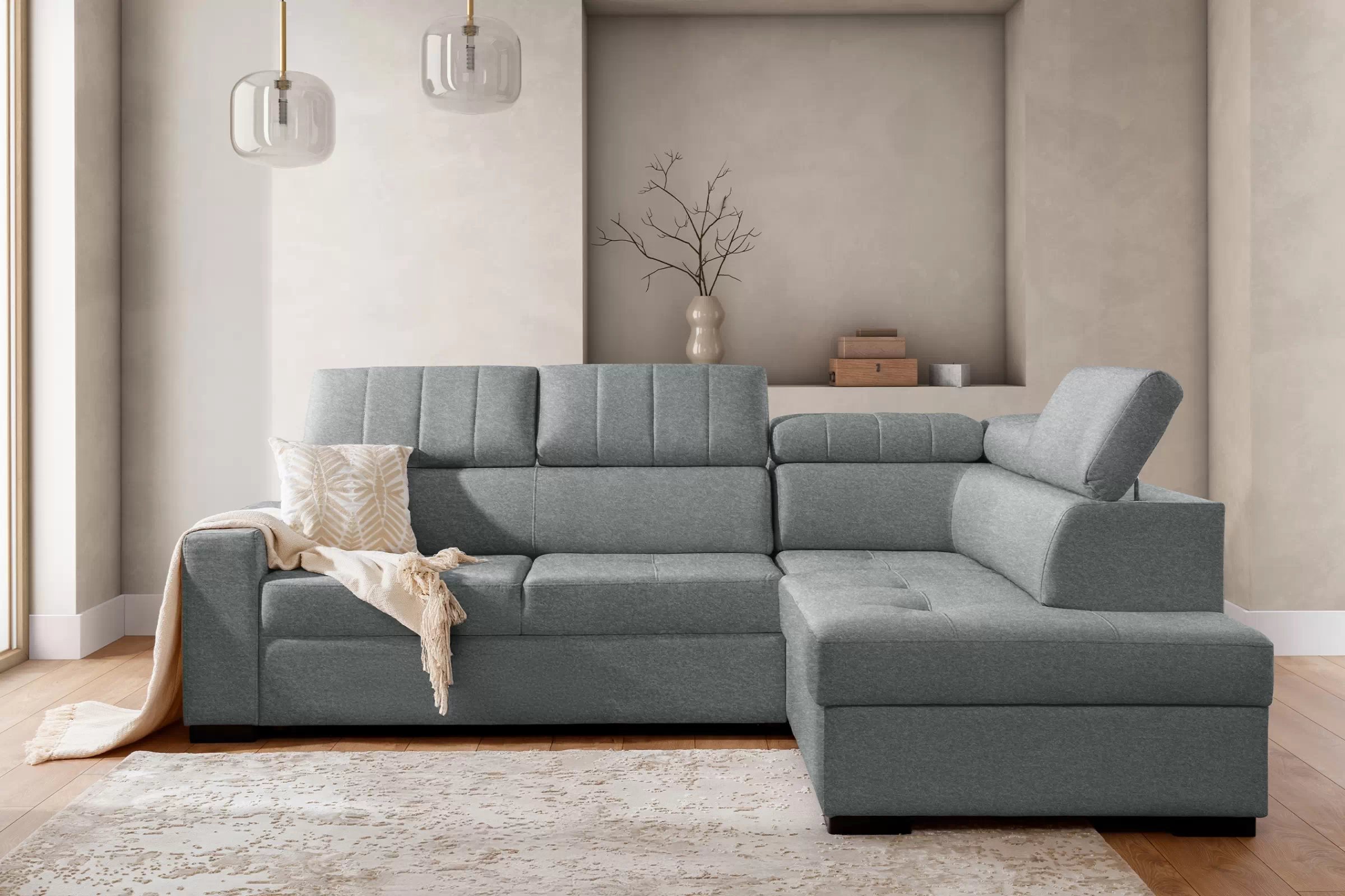Rozkladacia rohová sedacia súprava Modeno L pravá - sivá pletenina Ado 1615 Rohová sedacia súprava s funkciou spánku Modeno L pravá strana - šedá plecionka Ado 1615