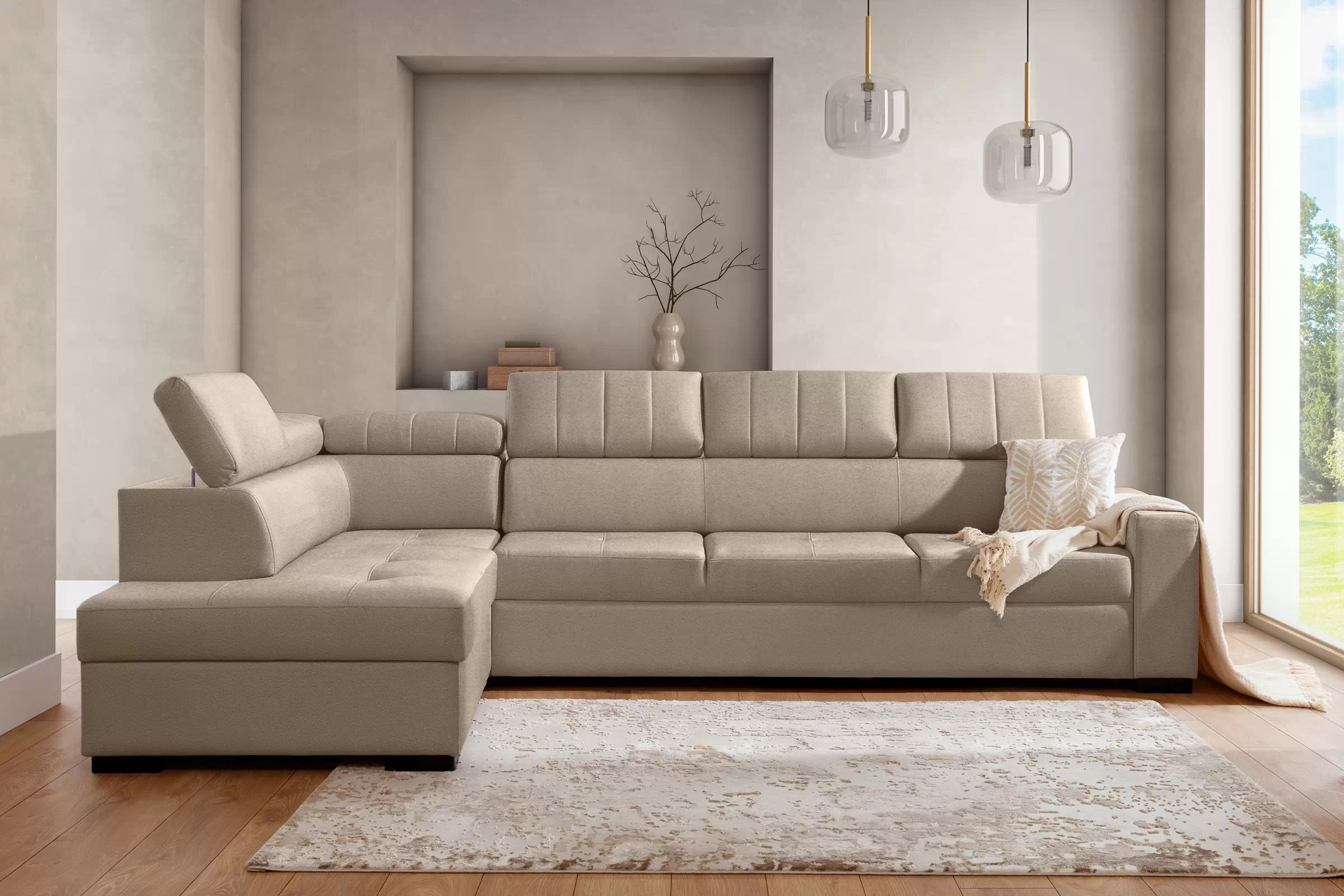 Rozkladacia rohová sedacia súprava Modeno Maxi ľavá - krémová pletenina Ado 1601  Rohová sedacia súprava s funkciou spánku Modeno Maxi Ľavá strana - kremowa plecionka Ado 1601