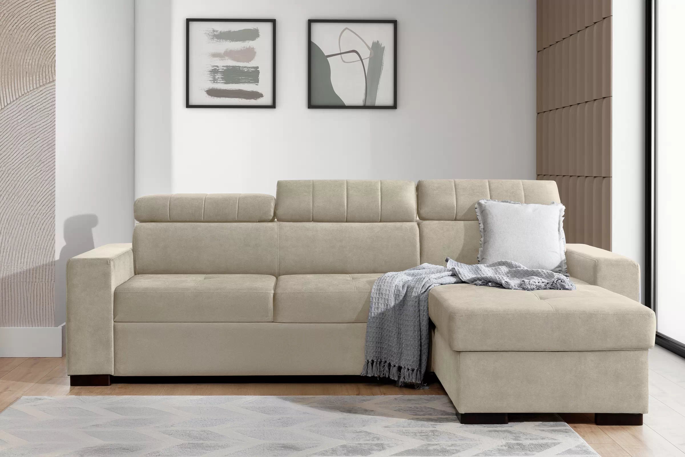 Rozkládací rohová sedací souprava Modeno Mini - béžová Ado 1601 Halva Rohová sedací souprava rozkládací Modeno Mini uniwersalny Levá/pravý - béžová Pletenina Ado 1601 Halva