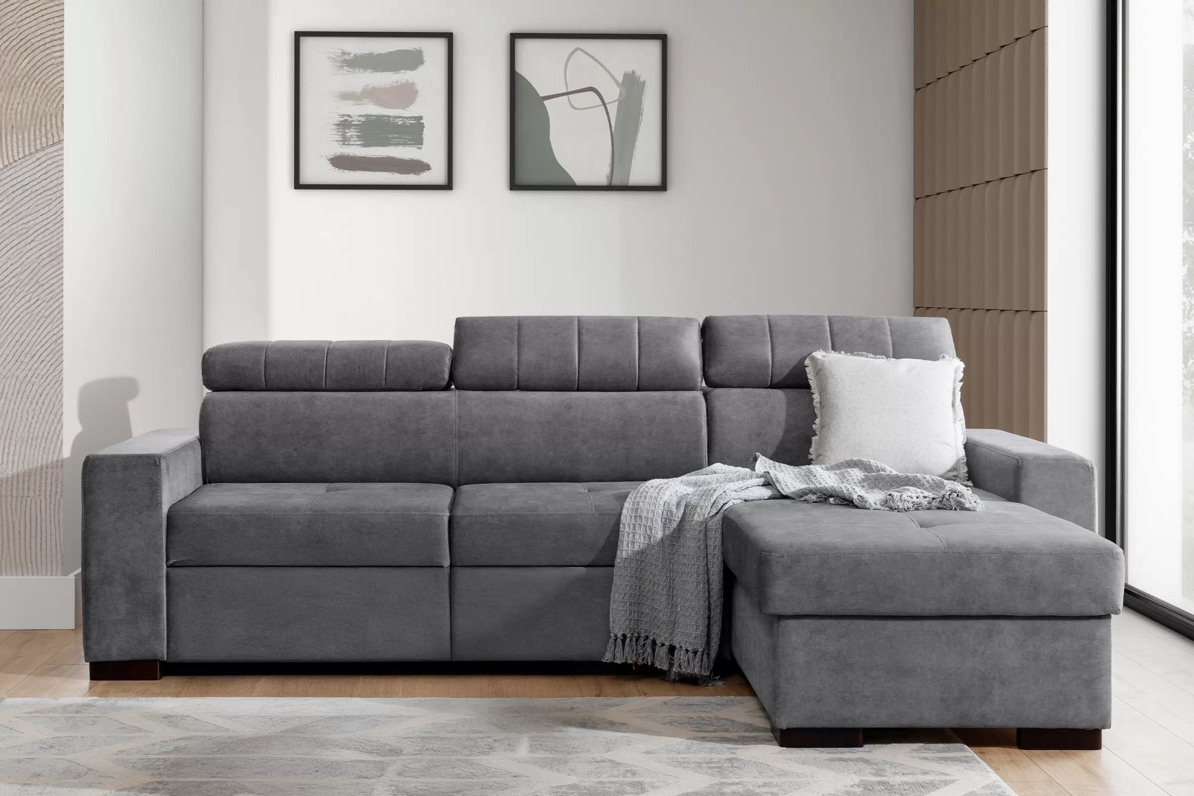 Rozkládací rohová sedací souprava Modeno Mini - šedá Zetta 304 Rohová sedací souprava rozkládací Modeno Mini uniwersalny Levá/pravý - šedá welwet latwoczyszczacy Zetta 304 