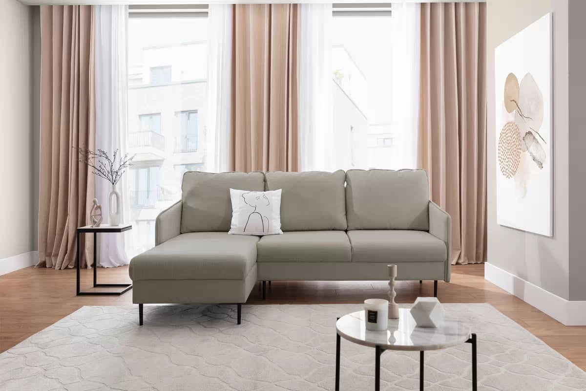 Rozkládací rohová sedací souprava Taila Mini levá - béžová látka Loft 02 / černé nožky Rohová sedací souprava rozkládací Taila Mini levá - béžová plecionka Loft 02, černá Nohy