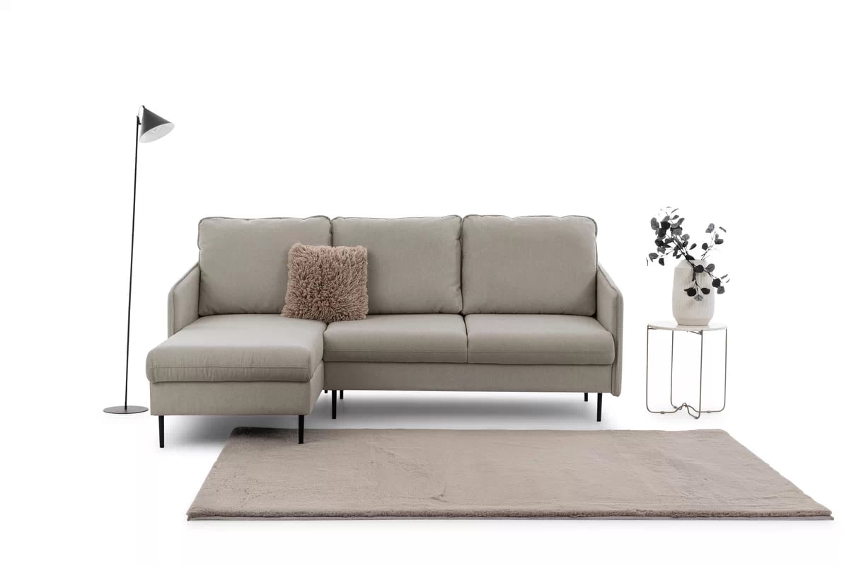 Rozkládací rohová sedací souprava Taila Mini levá - béžová látka Loft 02 / černé nožky Rohová sedací souprava rozkládací Taila Mini levá - béžová plecionka Loft 02, černá Nohy